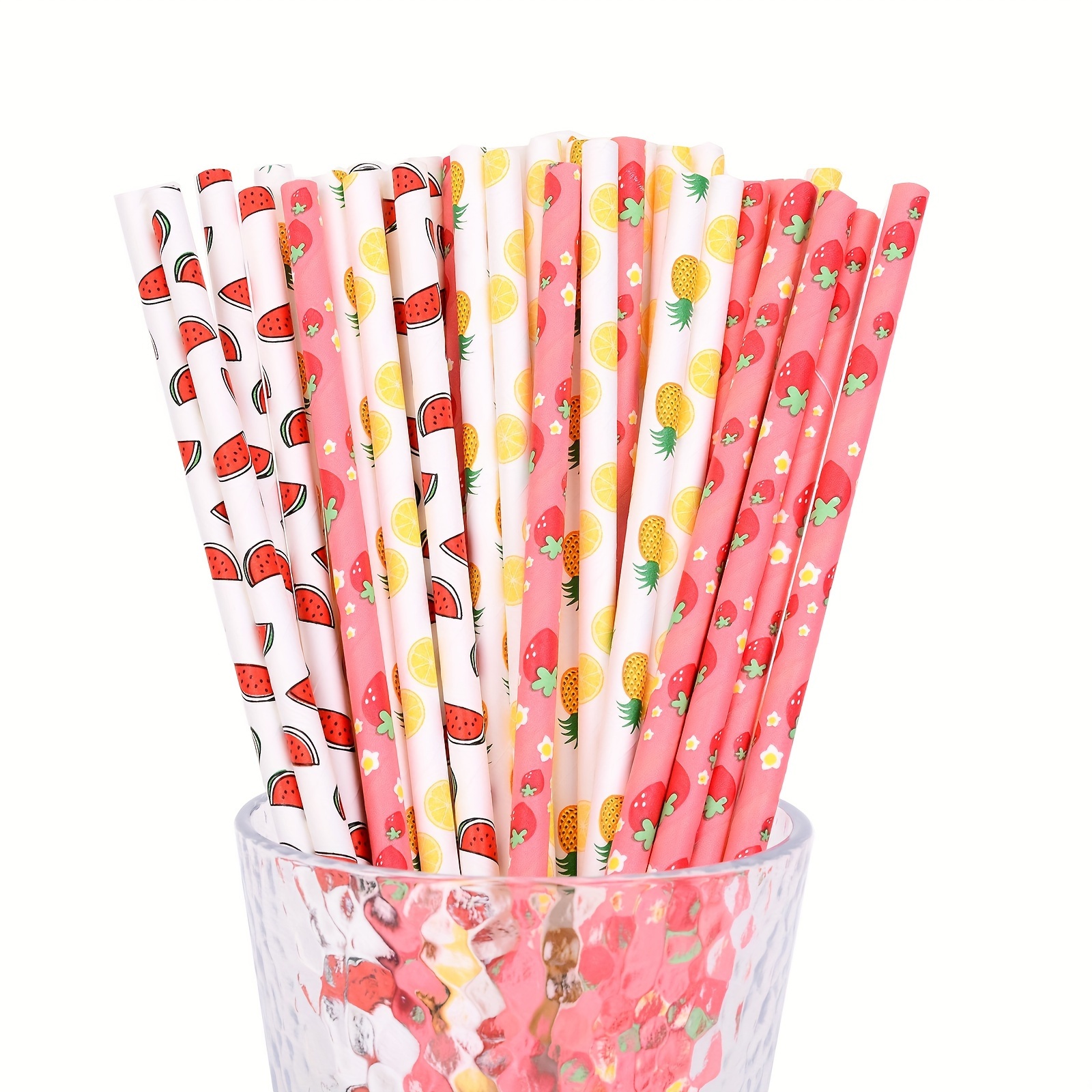 Biodegradable Paper Straws,Drinking Straws Disposable Degradable Kraft  Paper Straw Cool Summer Fruit Pattern Paper Straw for Party Supplies,  Birthday