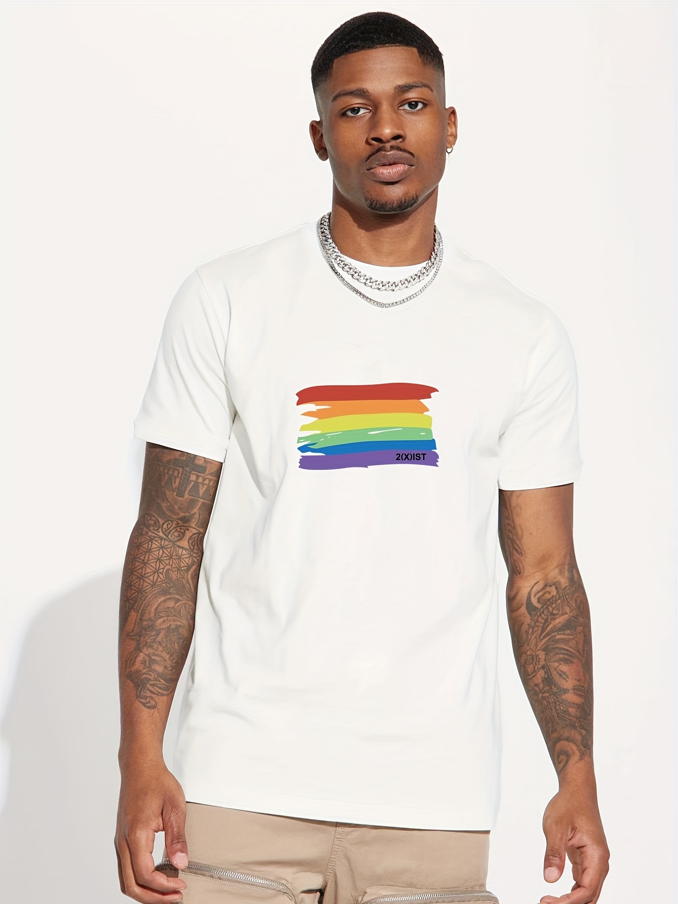 Plus Size Men's Cotton Rainbow Colors T shirt Comfy Elastic - Temu