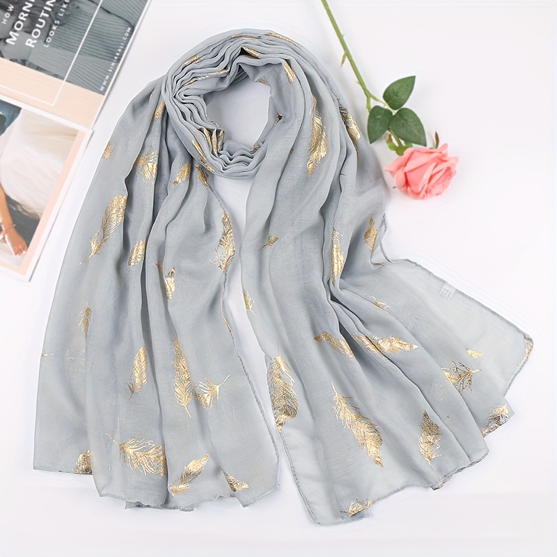 1pc Women's Elegant Feather-Printed Golden Scarf - Lightweight & Windproof Shawl Wrap for Casual Outings, Machine Washable Fashion Accessory, Scarf for Hair, Stylish Hair Wrap, Sophisticated Print, Easy Care Material, Soft Fabric, Outdoor Wear