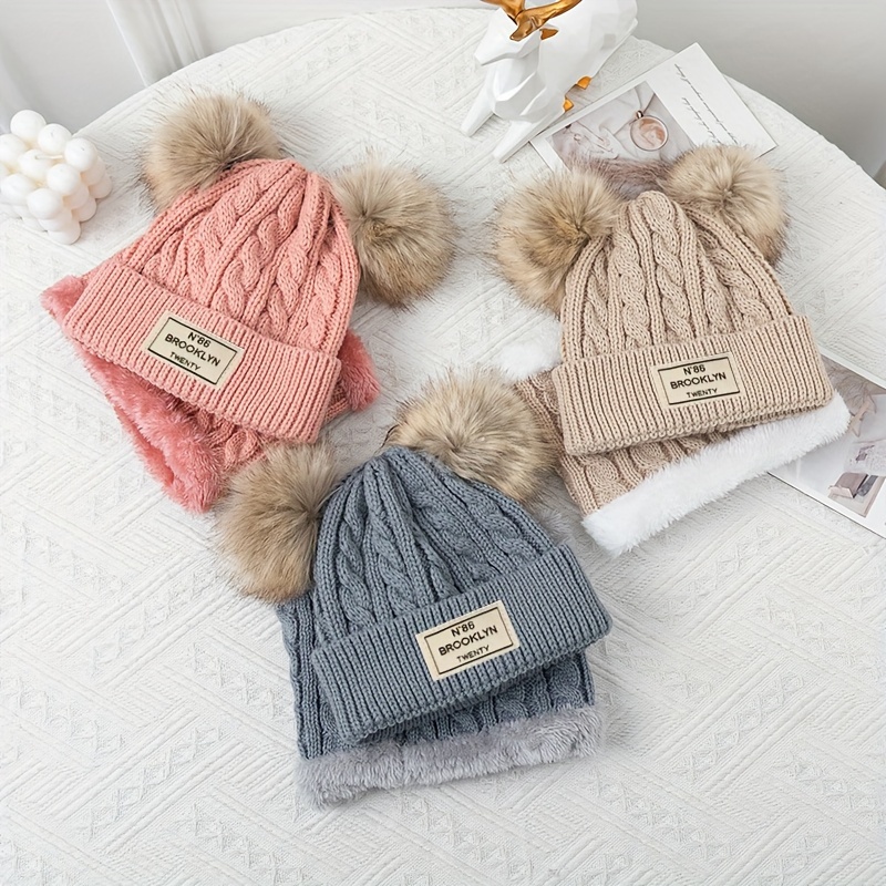 Baby Autumn Winter Warm Knitted Caps Dual Pom Poms Ball Toddler