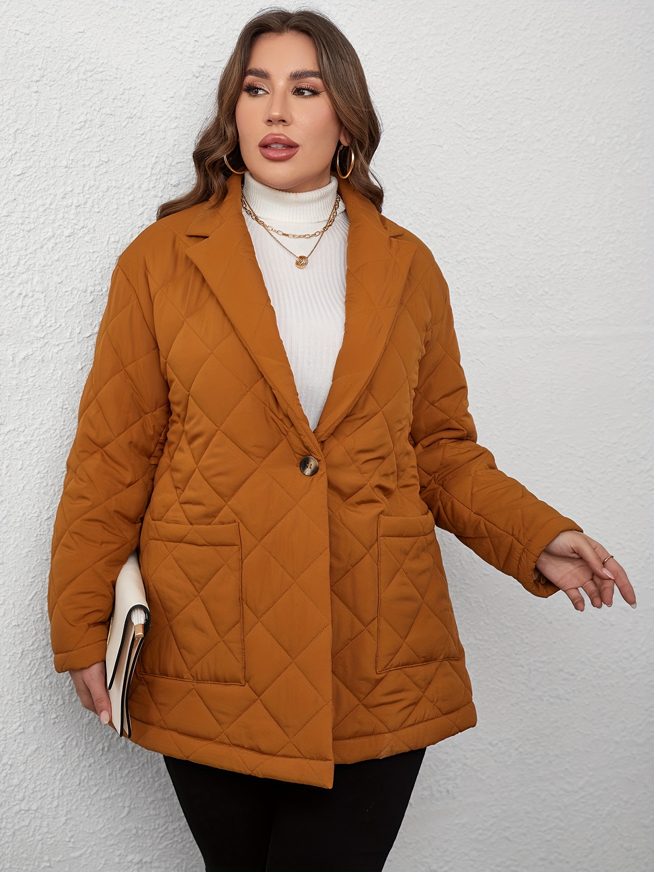 Plus Size Casual Coat, Women's Plus Solid Quilted Button Up Long