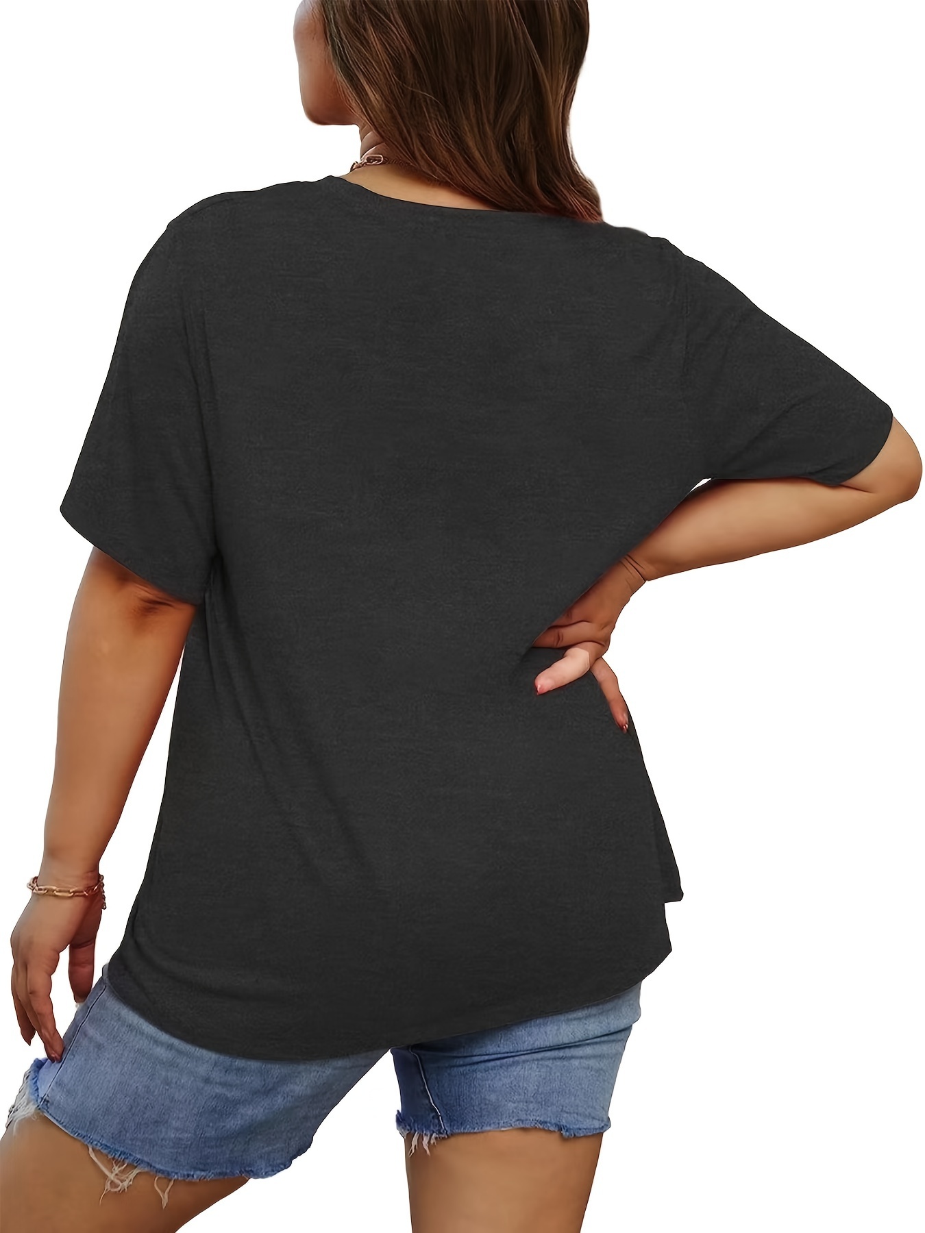 Plus Size Casual T-shirt, Women's Plus Heart & Slogan Print Short Sleeve Round Neck Medium Stretch T-shirt