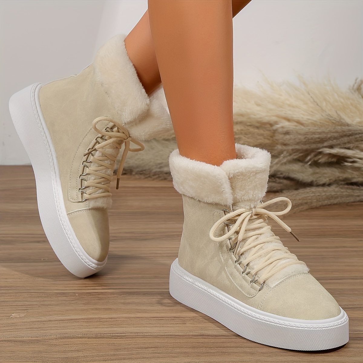 womens solid color boots lace up round toe velvet warm fluffy non slip soft sole shoes winter comfy snow shoes details 9