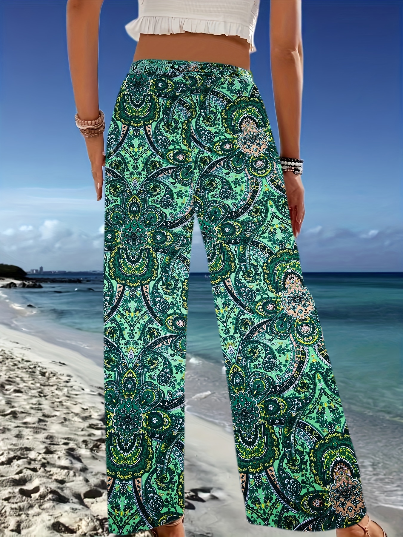 paisley print wide leg pants boho elastic waist long length