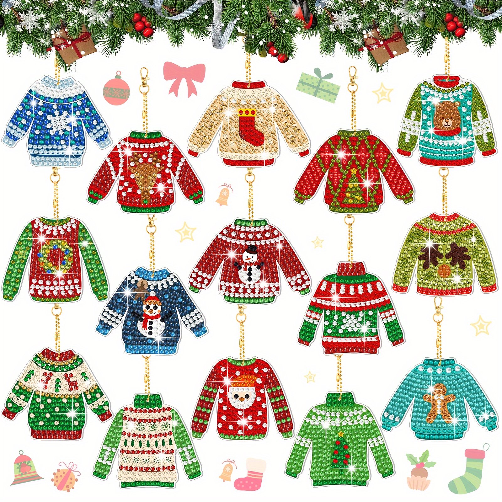 

15pcs Christmas Ugly Sweater Diamond Painting Keychain Kit, 5d Diy Diamond Art Mosaic Keychain, Backpack Ornaments, Christmas Decoration, Handmade Gifts Eid Al-adha Mubarak