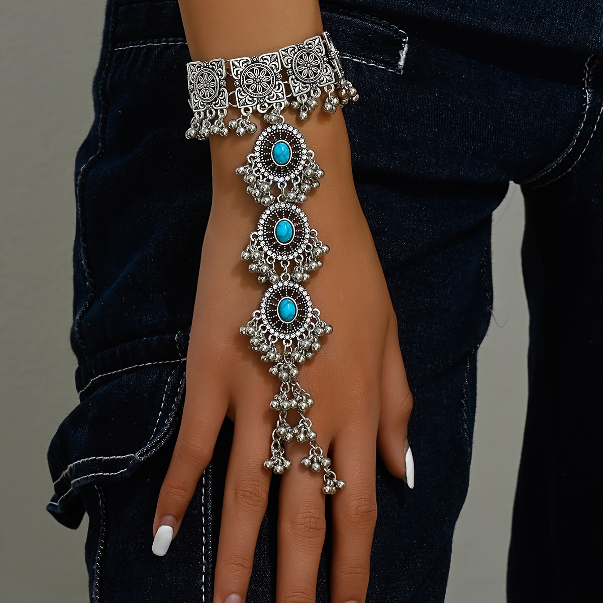 

Sparking Exquisite Mitten Bracelet Alloy Jewelry Embellished With Turquoise Vintage Bollywood Style For Women Gift