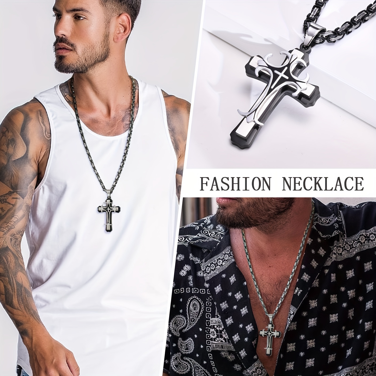 stainless steel double layer cross pendant necklace fashionable byzantine necklace mens accessories details 0