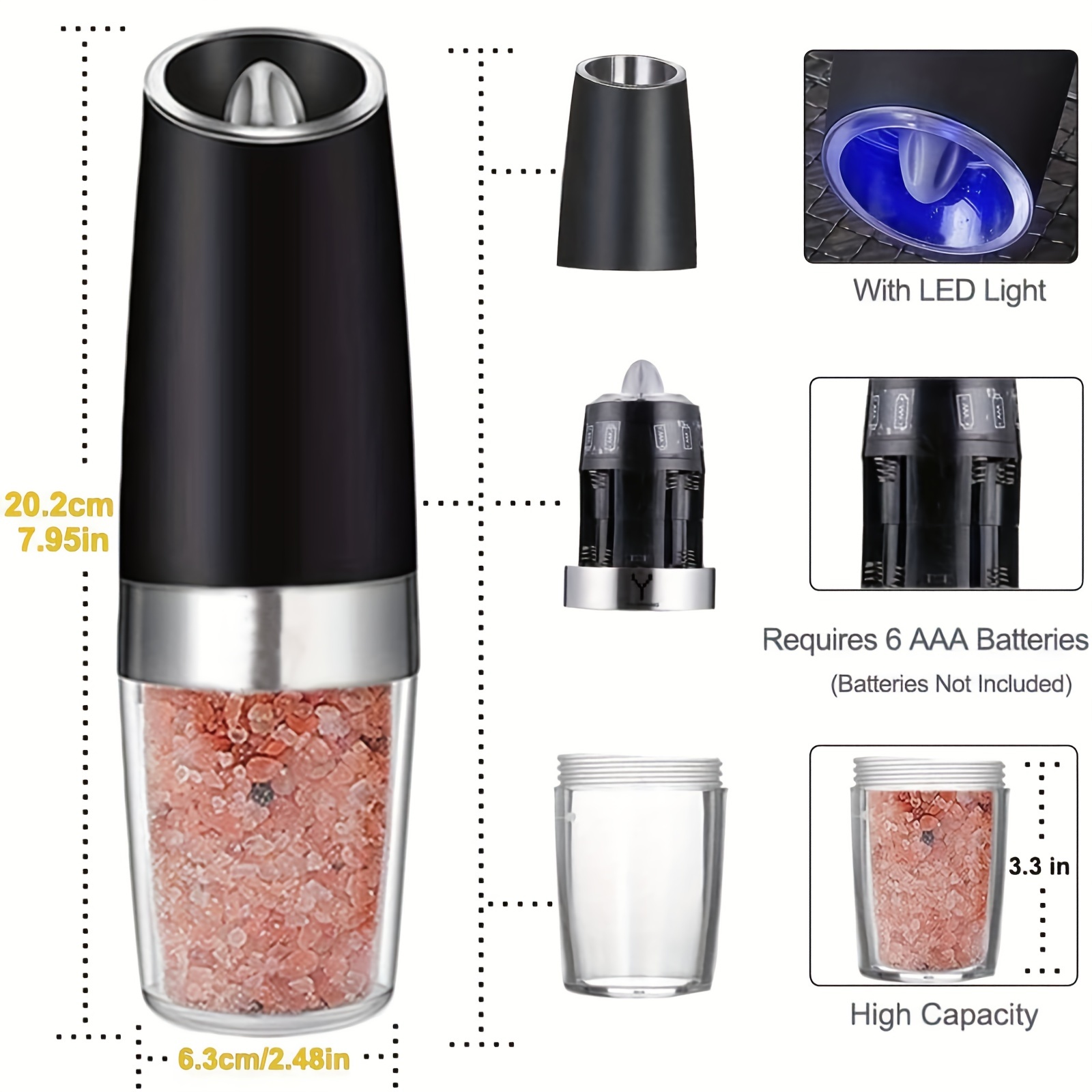 2Pcs Gravity Electric Salt and Pepper Grinder Set, Battery Powered LED  Light One Hand Automatic Operation, Adjustable Coarseness Mill Grinders  Shakers
