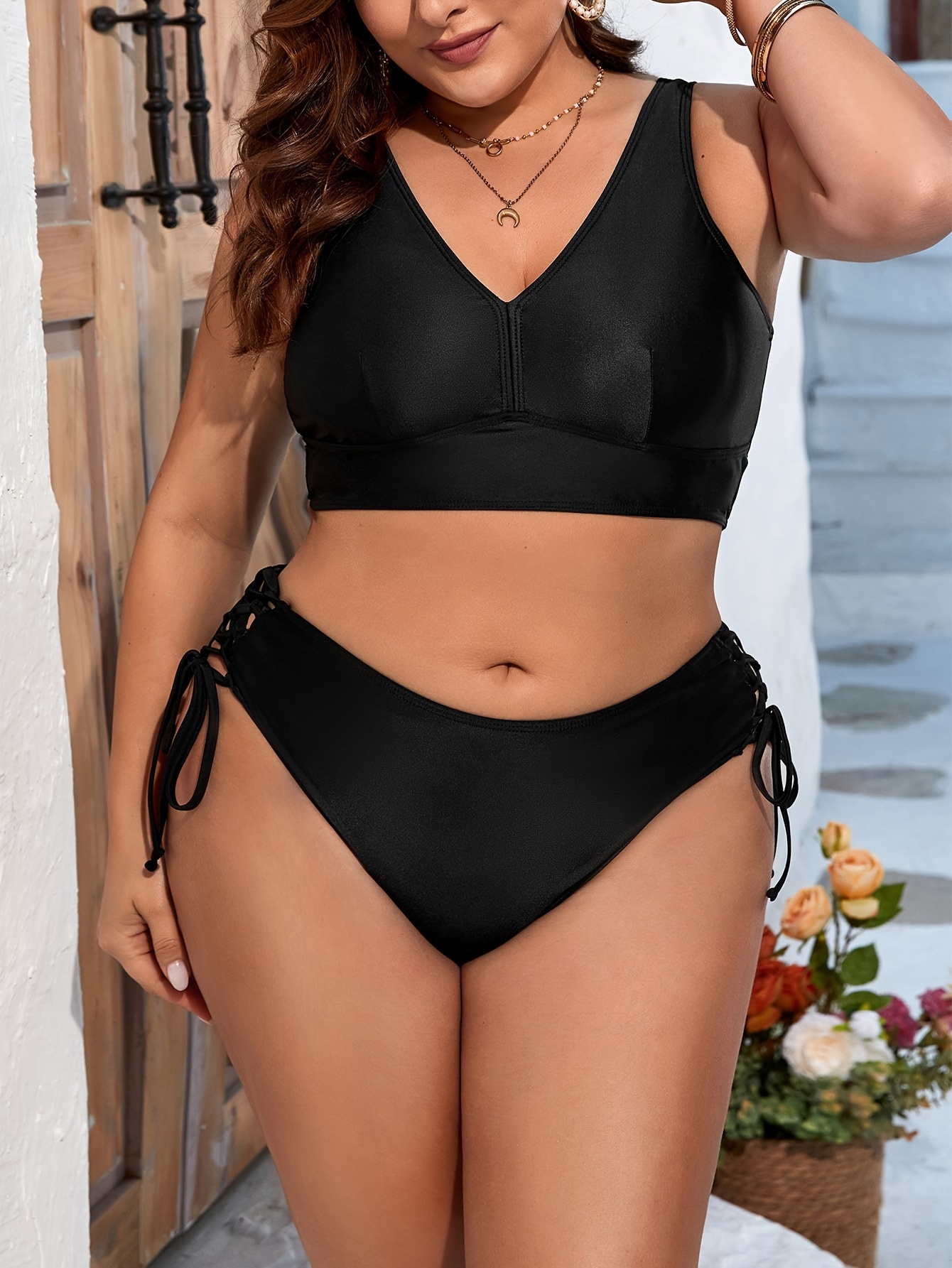 Plus Size Sexy Bikini Set, Women's Plain Black Lace Up V Neck Bra & Criss  Cross Hollow Out Tie Side Stretchy Panty Swimsuit 2 Piece Set