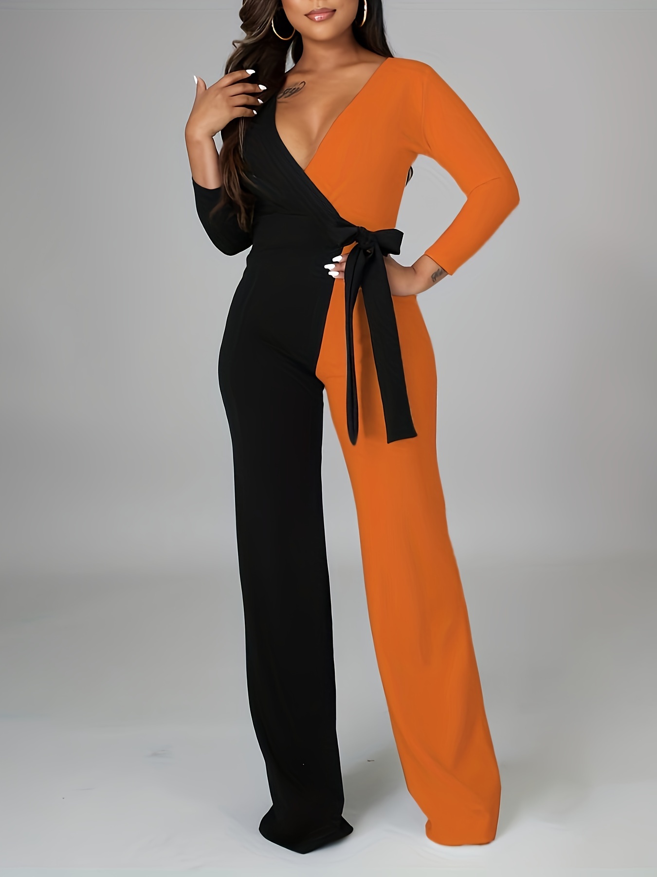 Color Block V Neck Long Sleeve Bodycon Jumpsuit Street Sexy