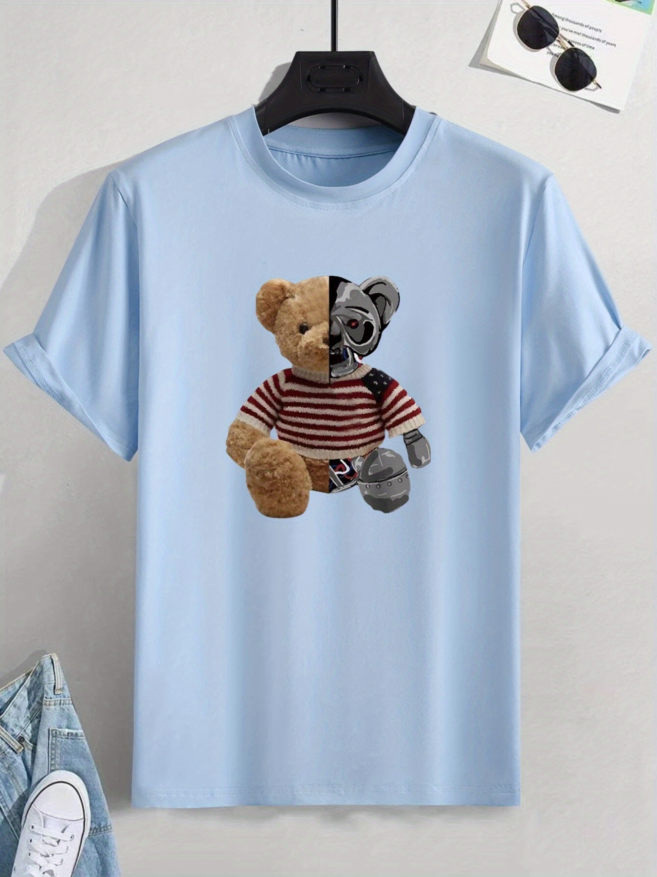 Men's Robot Bear Print T-shirt, Trendy Graphic Tee For Summer - Temu
