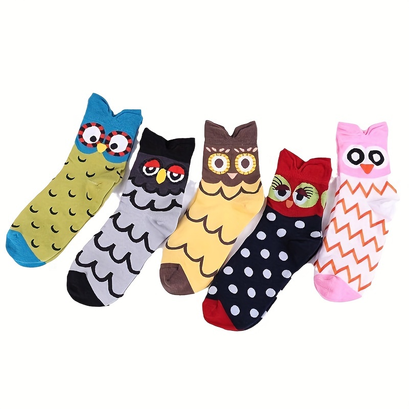 

5 Pairs Cartoon Owl Pattern Socks, Cute & Warm Mid Tube Socks, Women's Stockings & Hosiery