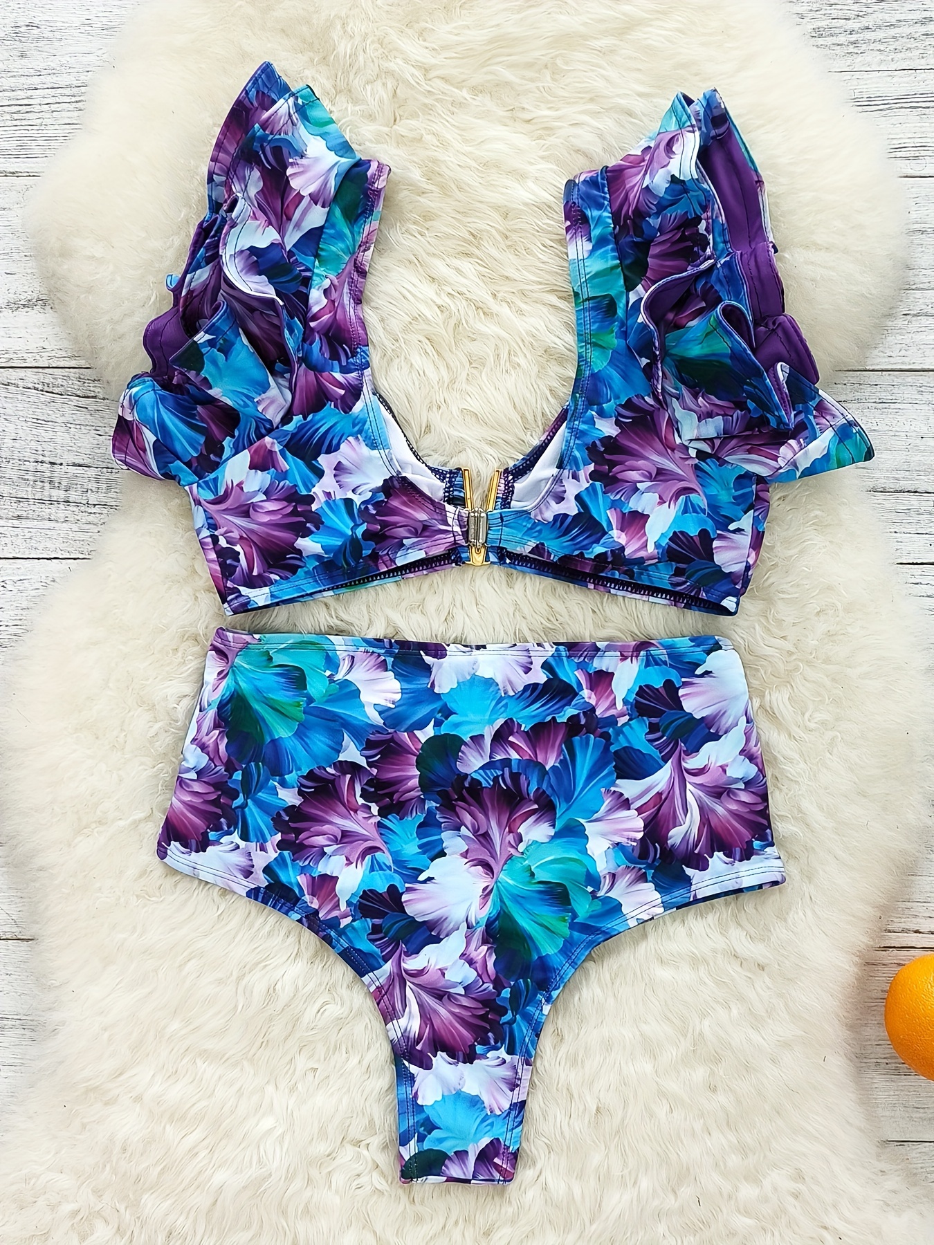 Floral Print Ruffle Tie Belt Bikini Ruffle Sleeve V Wire - Temu Canada