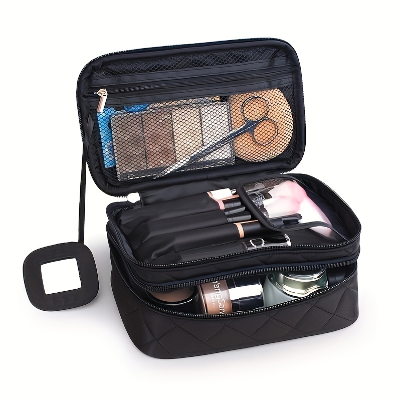 Portable Patchwork Makeup Organizer With Mirror & Brush Holder Waterproof Travel  Bag Travel Size Toiletries Cosmetic Bag Makeup Case Makeup Travel Organizer  Bags For Travel - Temu