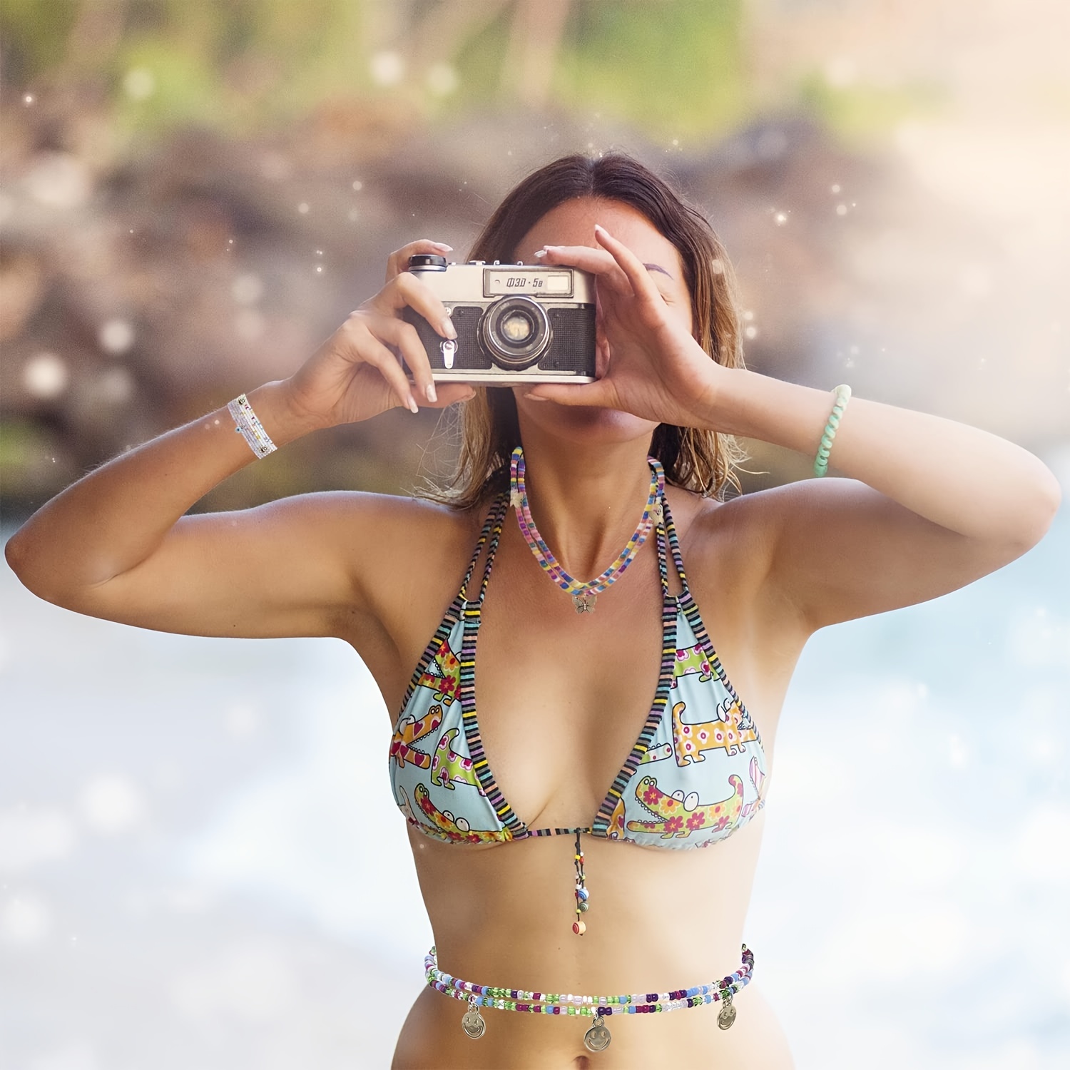 Colorful Beaded Body Chain Elastic String Waist Chain