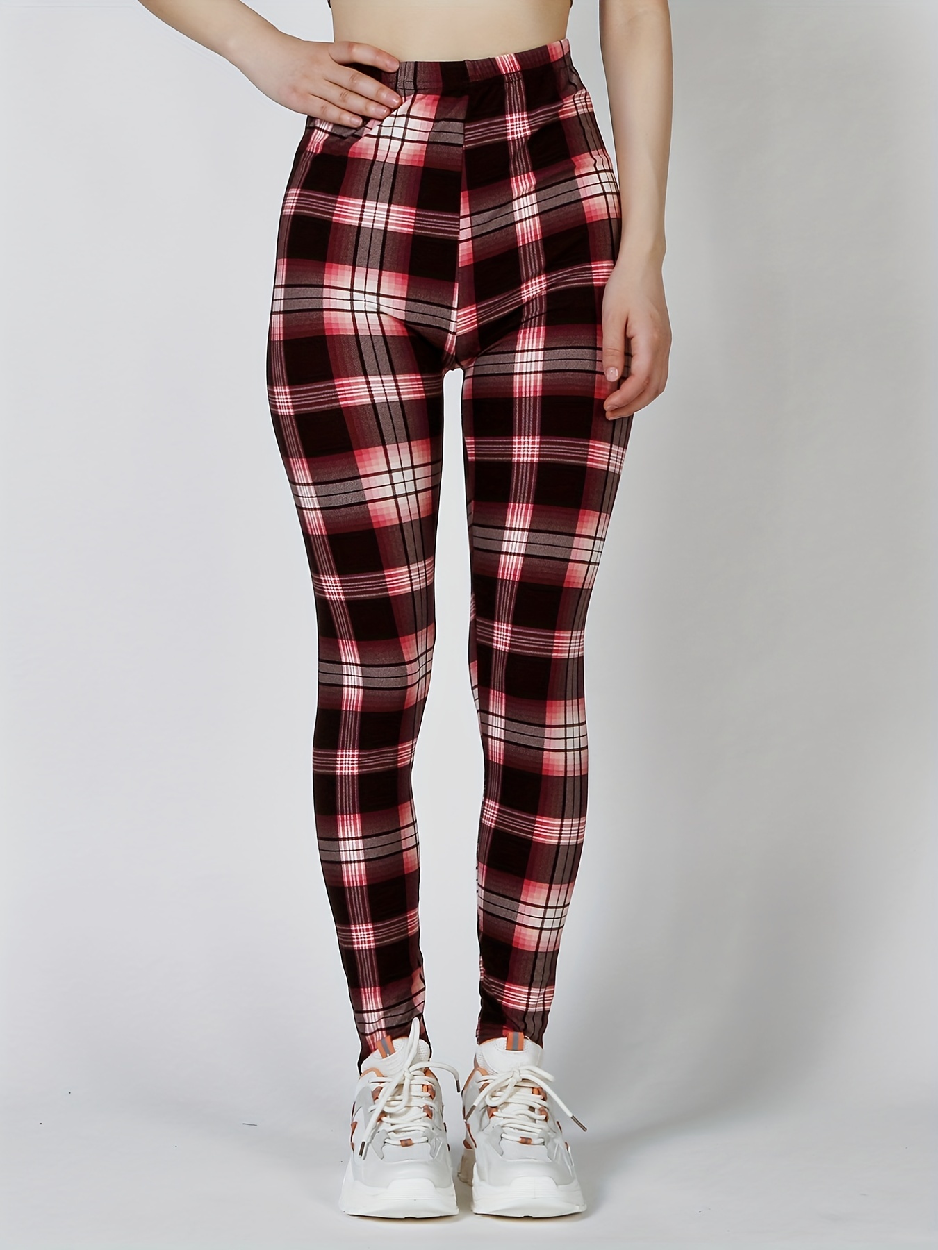 Stylish and Elegant Red Check Plaid High Waist Leggings Tight Pants  Trousers