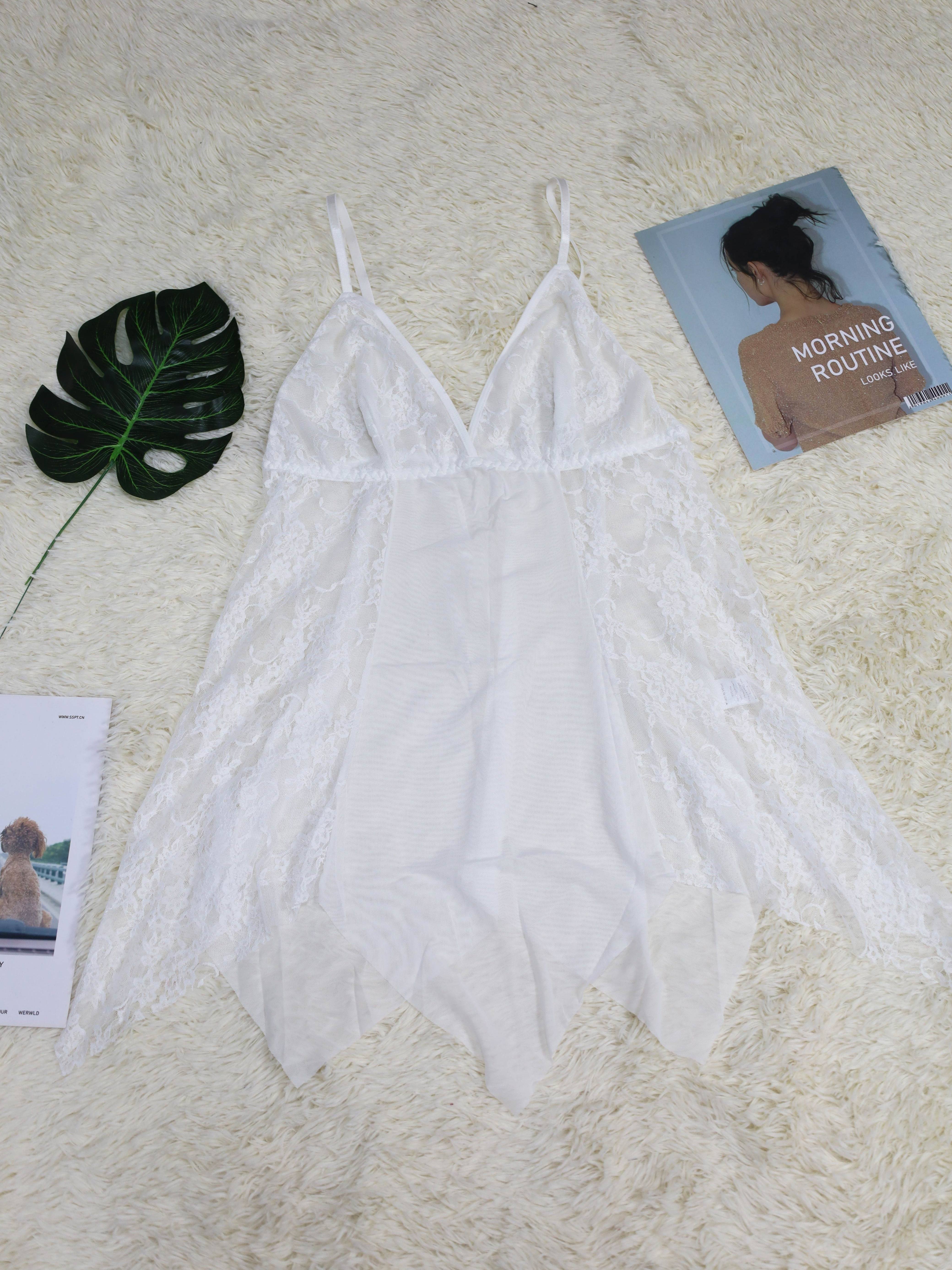 Elegant Lace Mesh Slip Dress, Flower Applique V Neck Sheer Babydoll,  Women's * Lingerie & Underwear