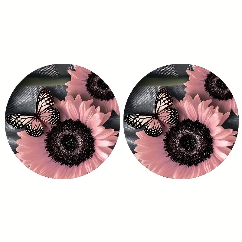 2pcs Pink Sunflower & Car Cup Coasters - Round, Heat-resistant, Non-slip Drink Mats For Cars, Home, And Restaurants, Drink Spill Protection | Elegant | Durable Coasters, Car Coasters For Cup Holders