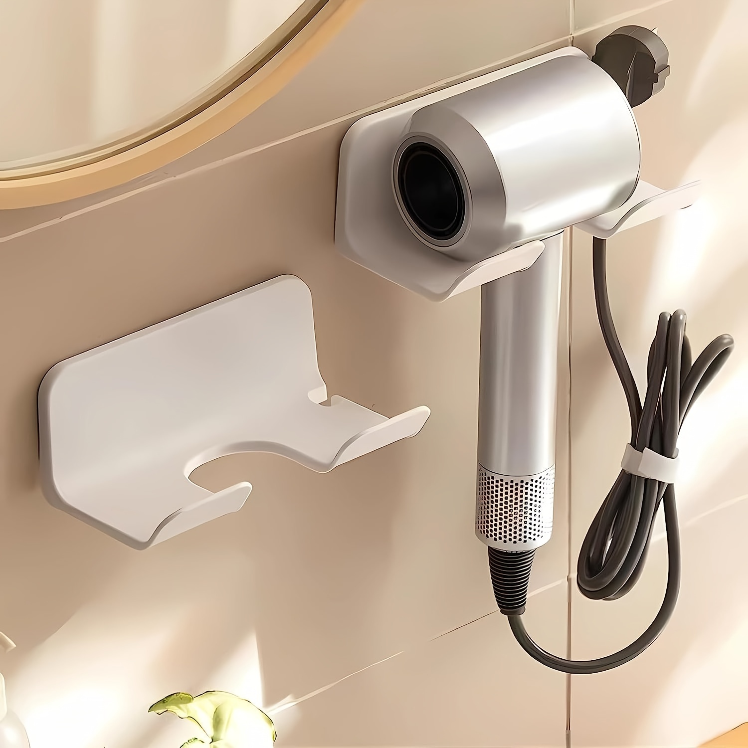 

1pc Hair Dryer Holder With Plug Hook, Wall Mounted Punch Free Bathroom Shortage Rack, Styling Tool Organizer For Easy Access And Convenience