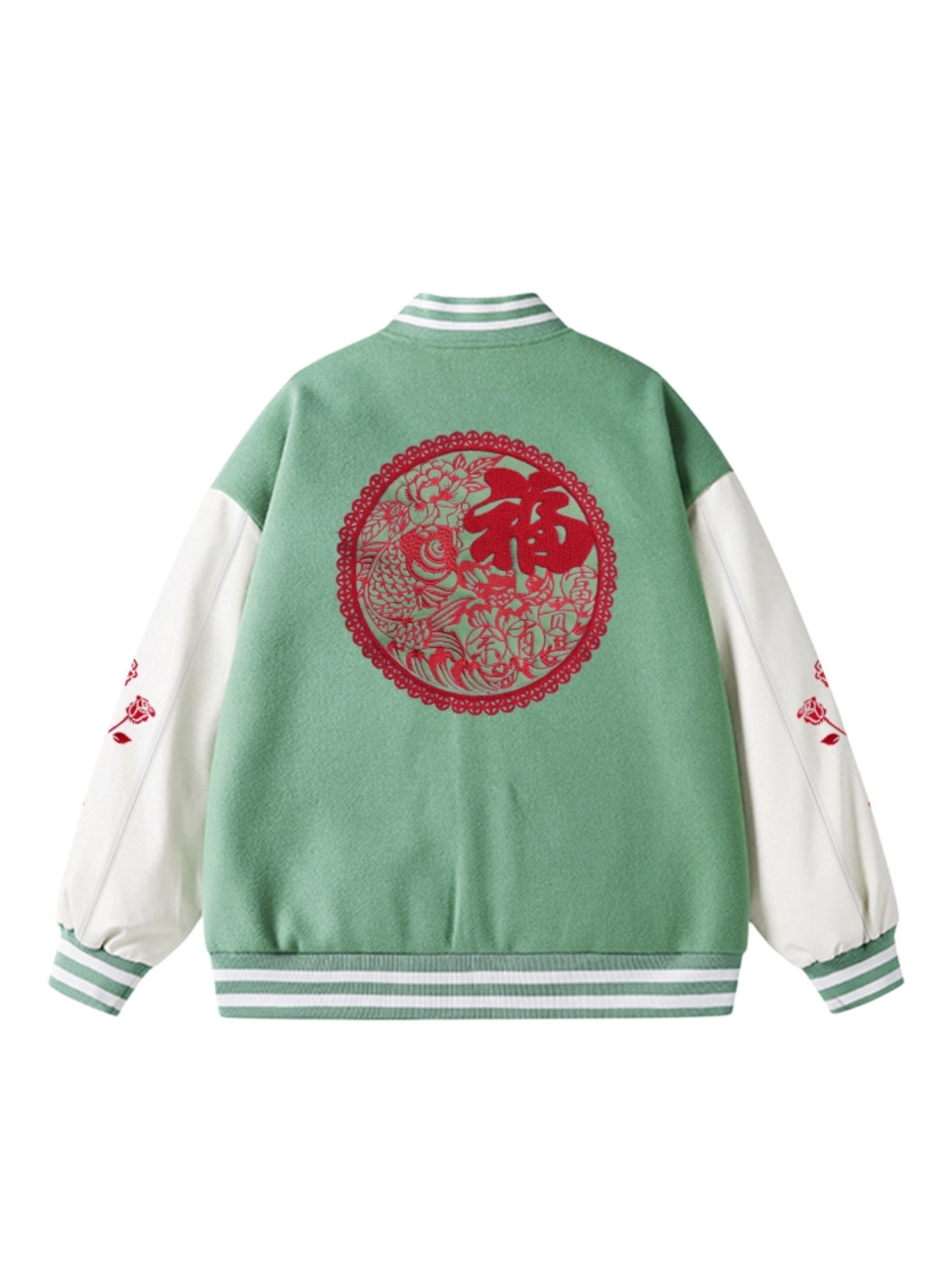 Green Oriental Graphic Satin Cropped Bomber Jacket