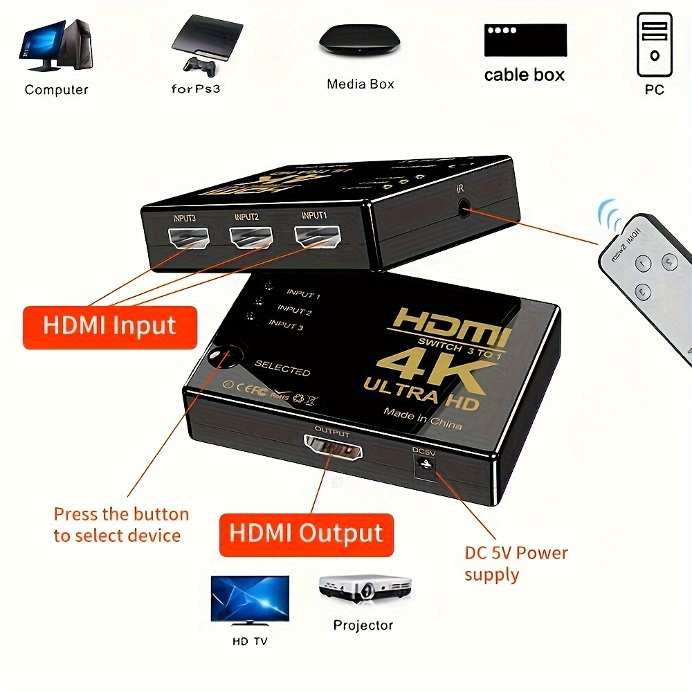 4K 3x1 HDMI Switch Cable Adapter 1080P 3 In 1 Out Converter for PS4 PS5 PC  To TV