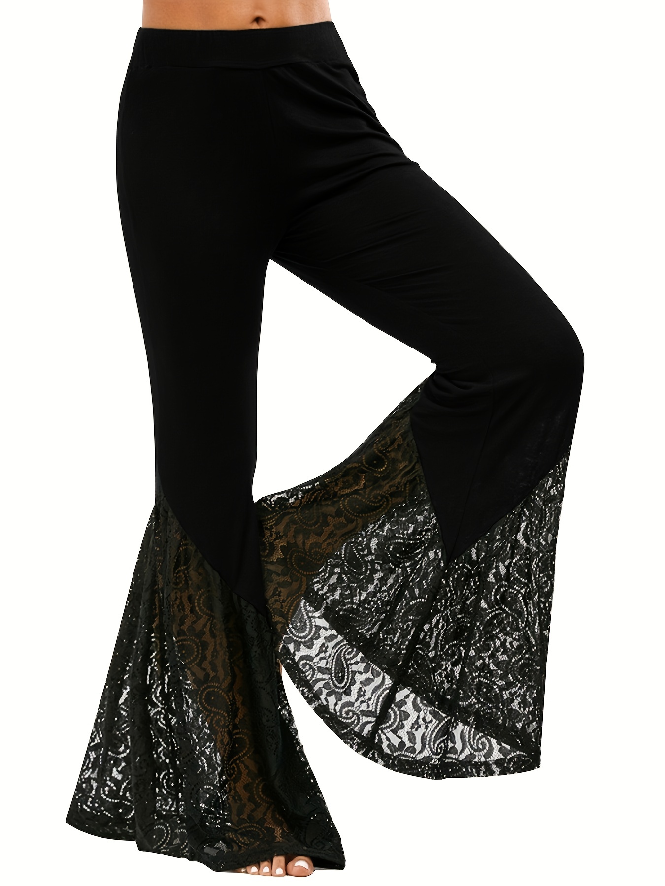 Contrast Lace Flare Leg Pants, Sexy Forbidden Pants For Spring & Summer,  Women's Clothing