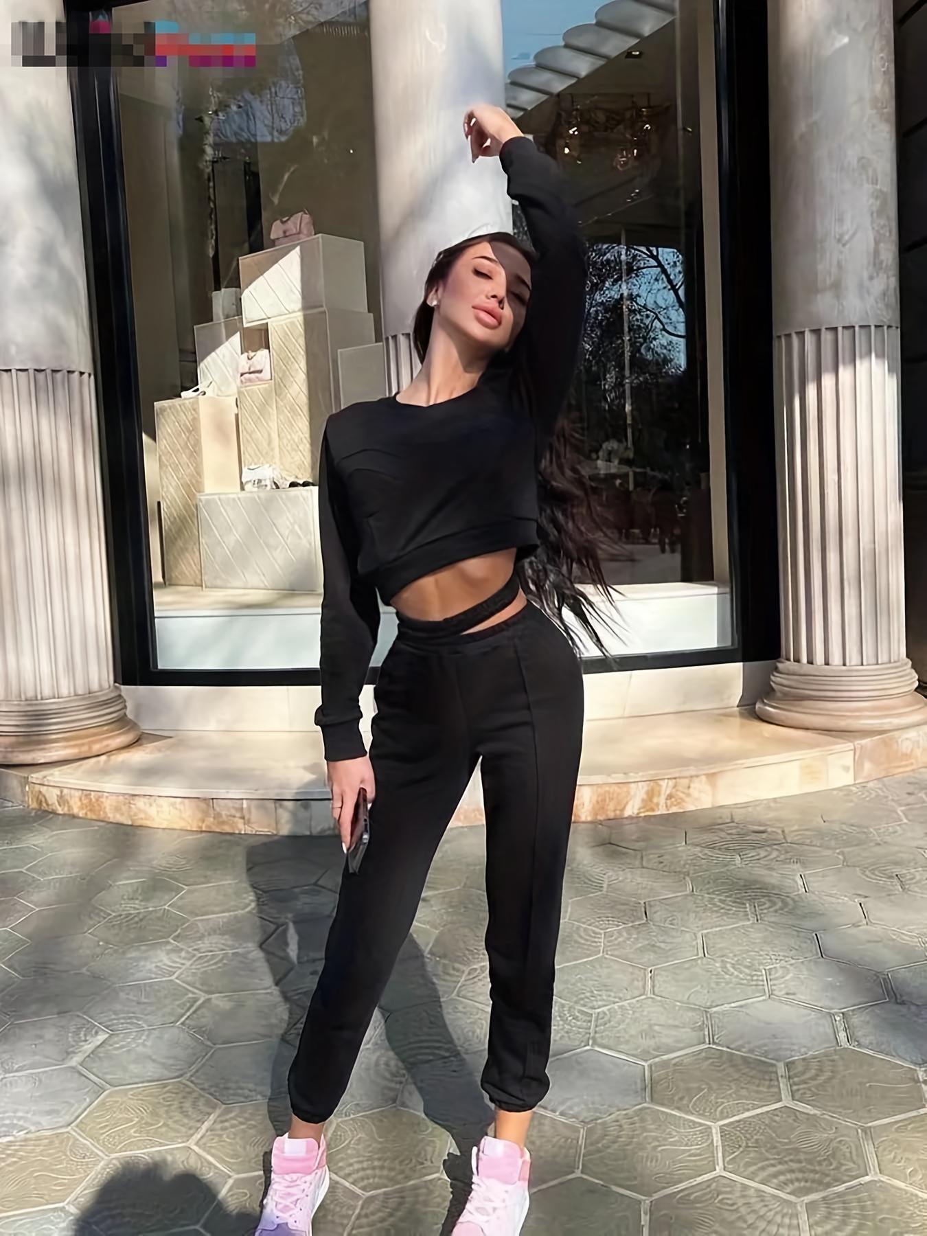 Two piece Sweatshirt Pants Outfit Long Sleeve Crop - Temu