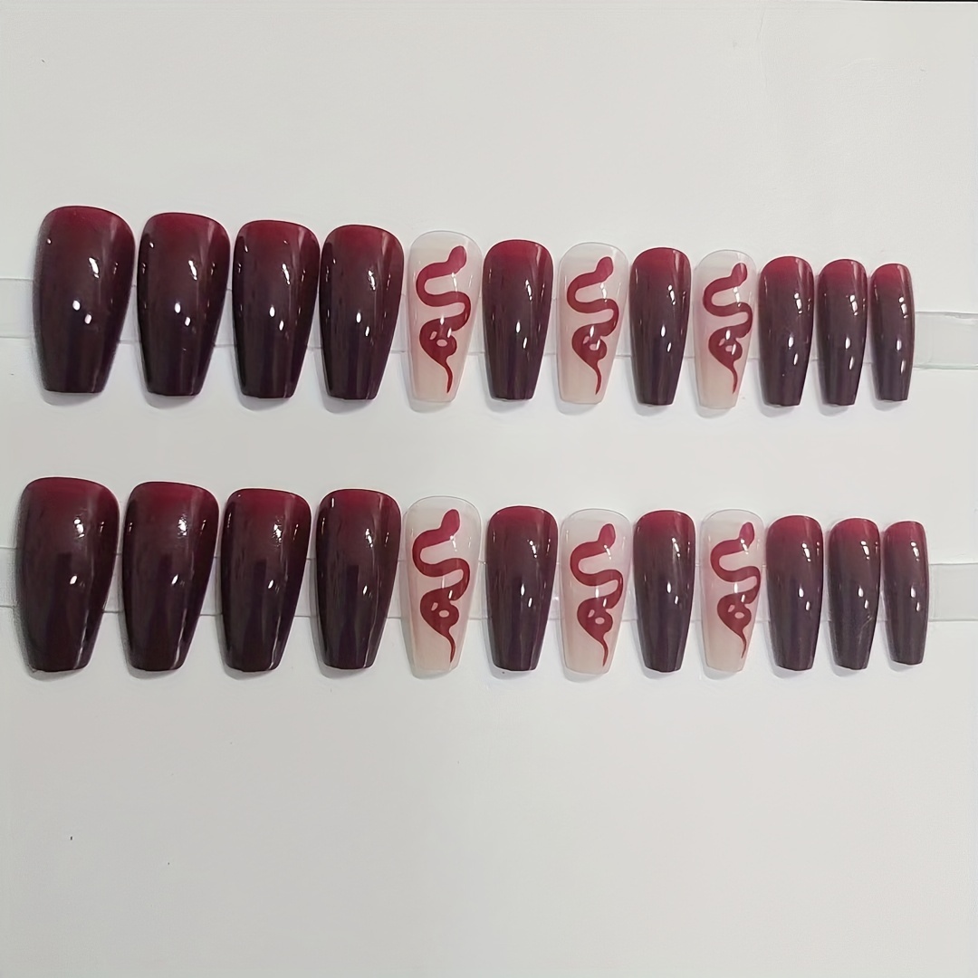 24pcs y2k press on nails ballerina almond fake nails with snake design long length false nails for women girls black red details 5