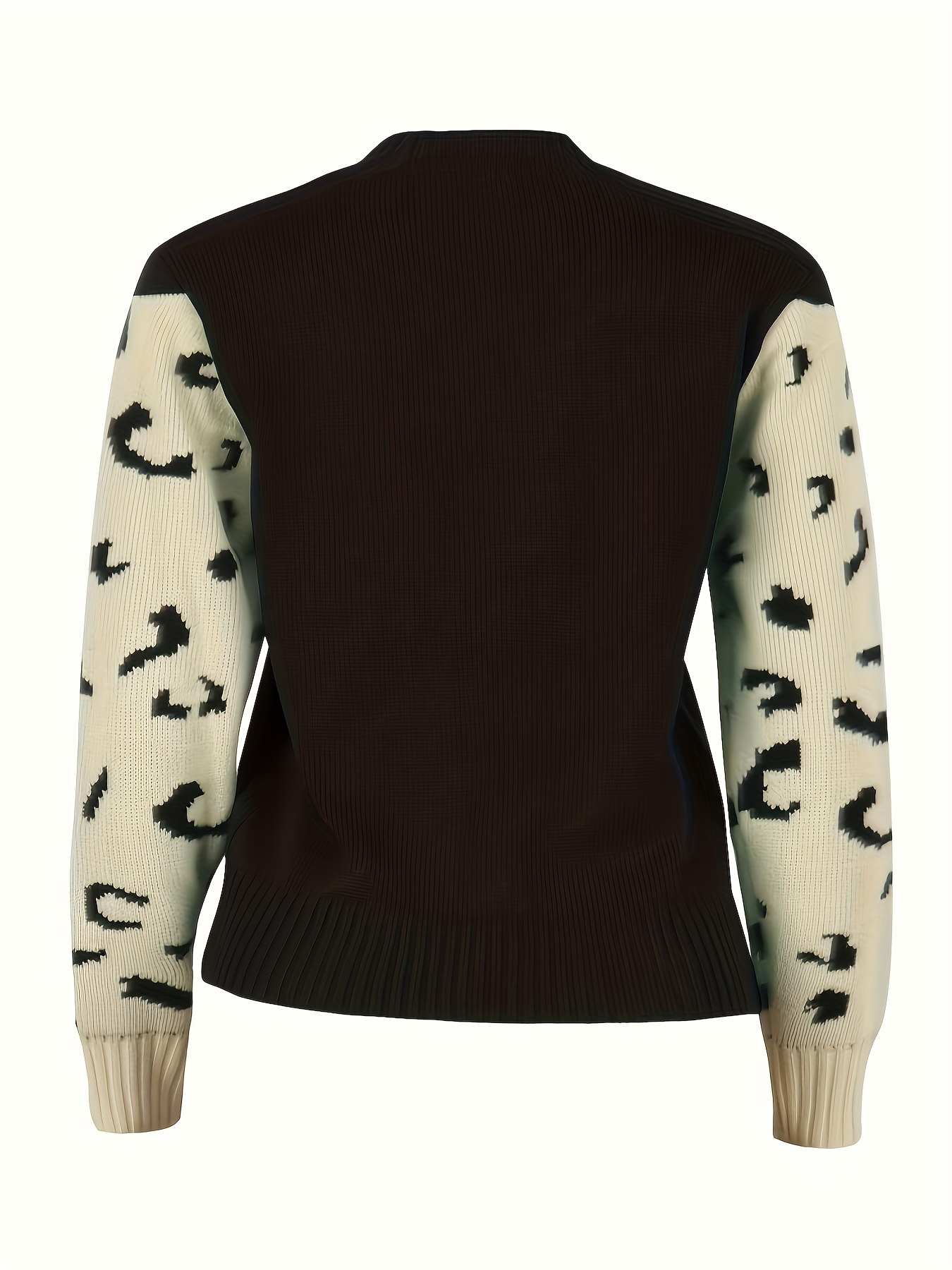 Contrast Leopard Pattern Crew Neck Knit Top Casual Long - Temu