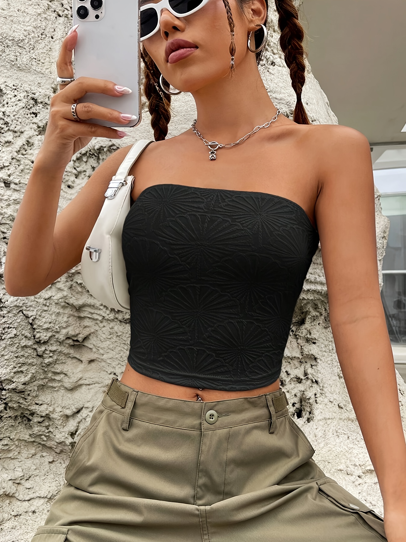 Solid Color Crop Tube Top, Y2K Strapless Textured Top For Summer, Women's  Clothing