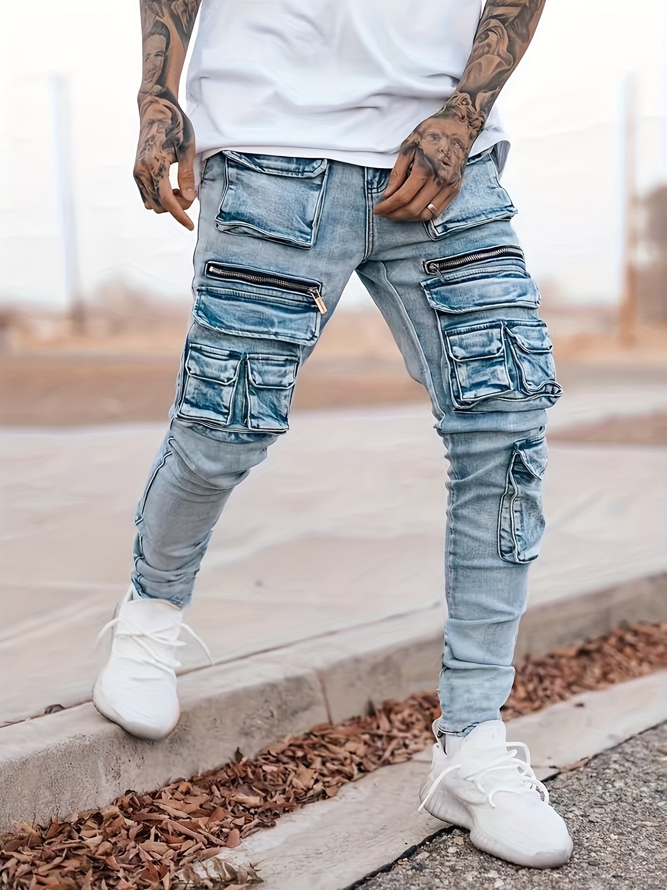 Men's Casual Skinny Harem Jeans, Chic Street Style Stretch Multi Pocket  Biker Jeans