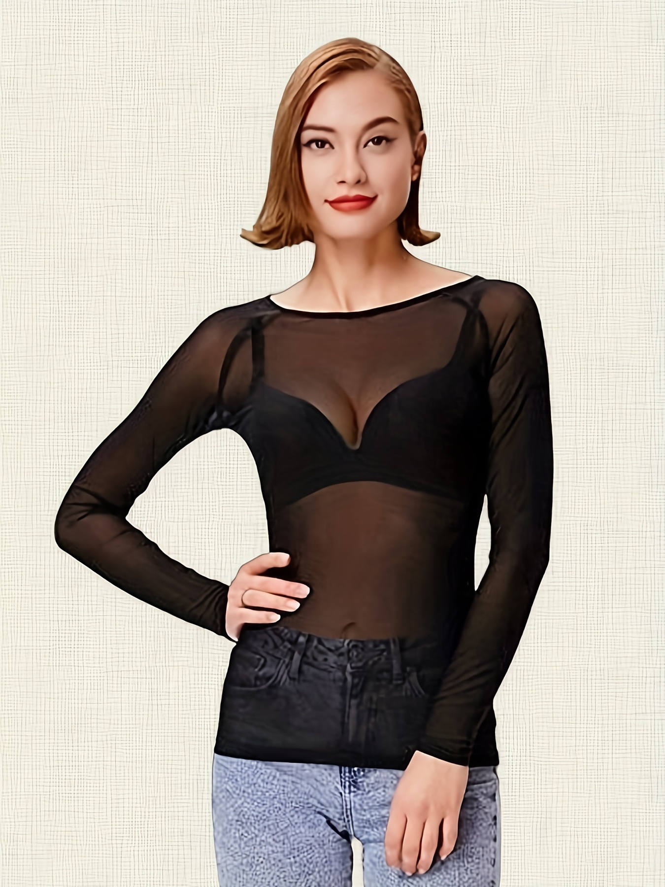 Mesh Long Sleeve Layering Top Women Crew Neck Sheer See Through