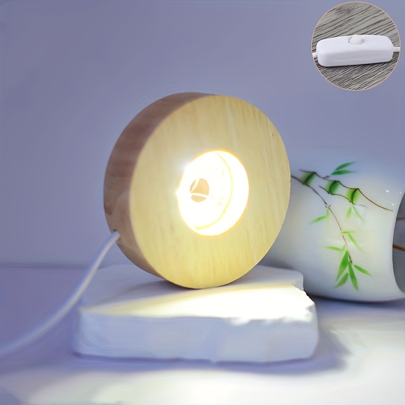 LED Lamp Holder Night Light Crystal USB Round Wooden Beech Wood 3D