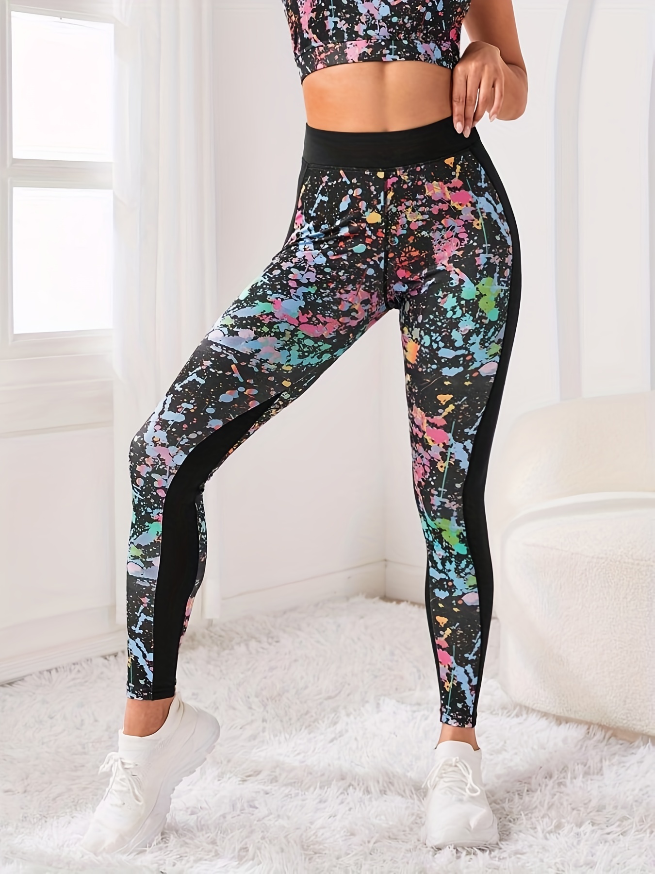 Sexy Splash Ink Print Leggings, Casual High Waist Elastic Fashion Bottoms  Slim Leggings, Women's Clothing