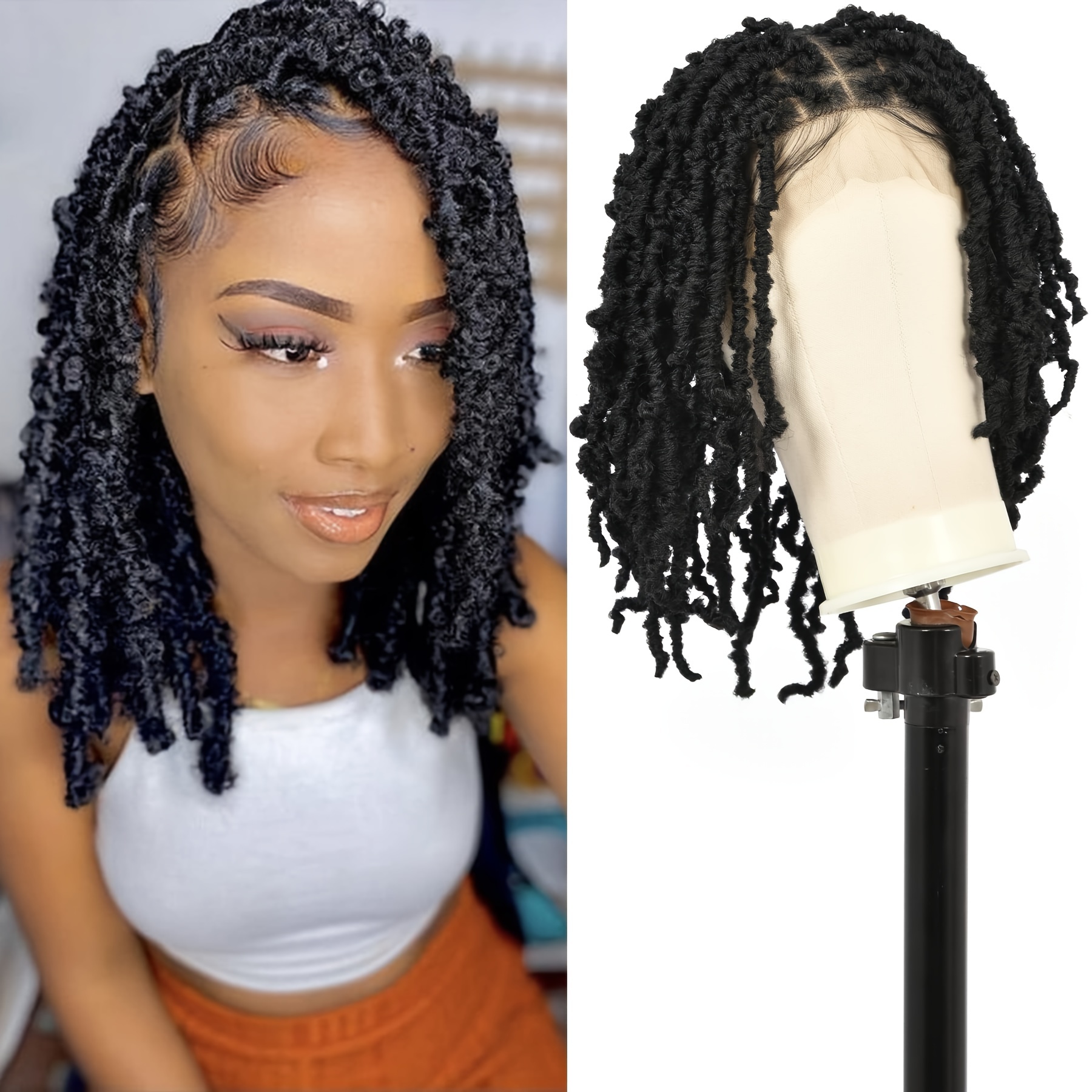 Twisted Braids Hair with Curly Ends Braided Wigs Short Black