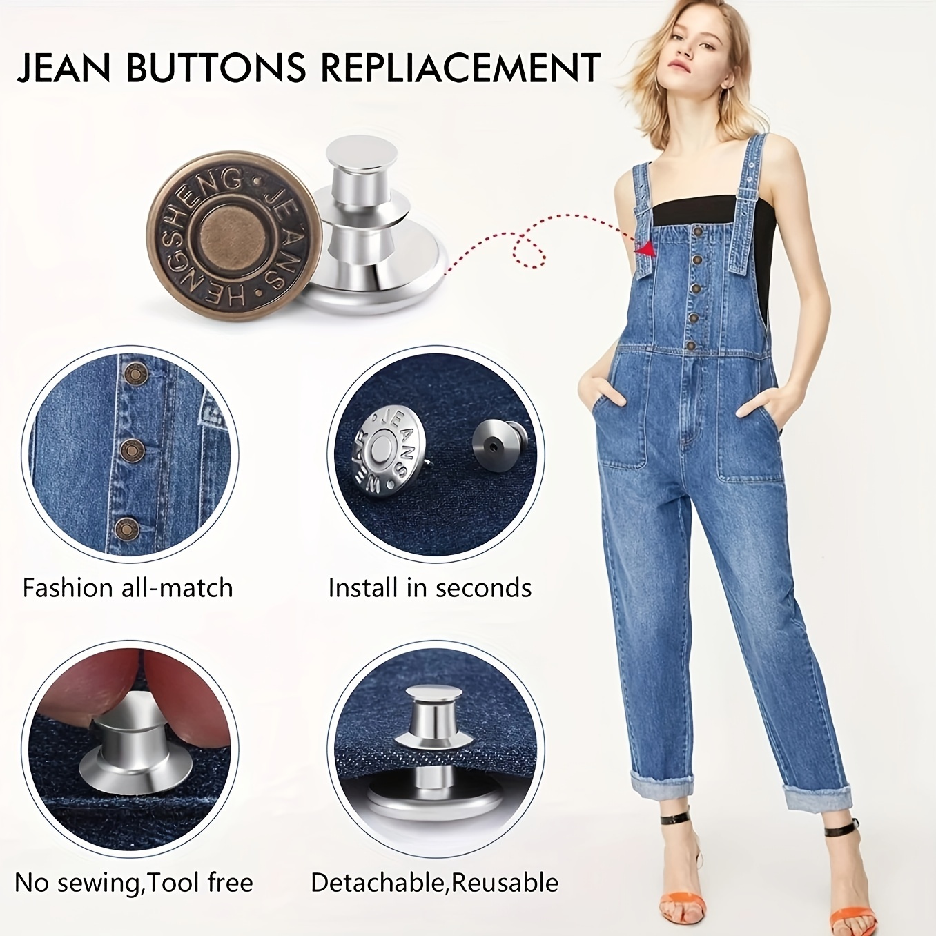 17mm No-Sew Replacement Jeans Buttons with Fixing Hand Tools - 10pcs