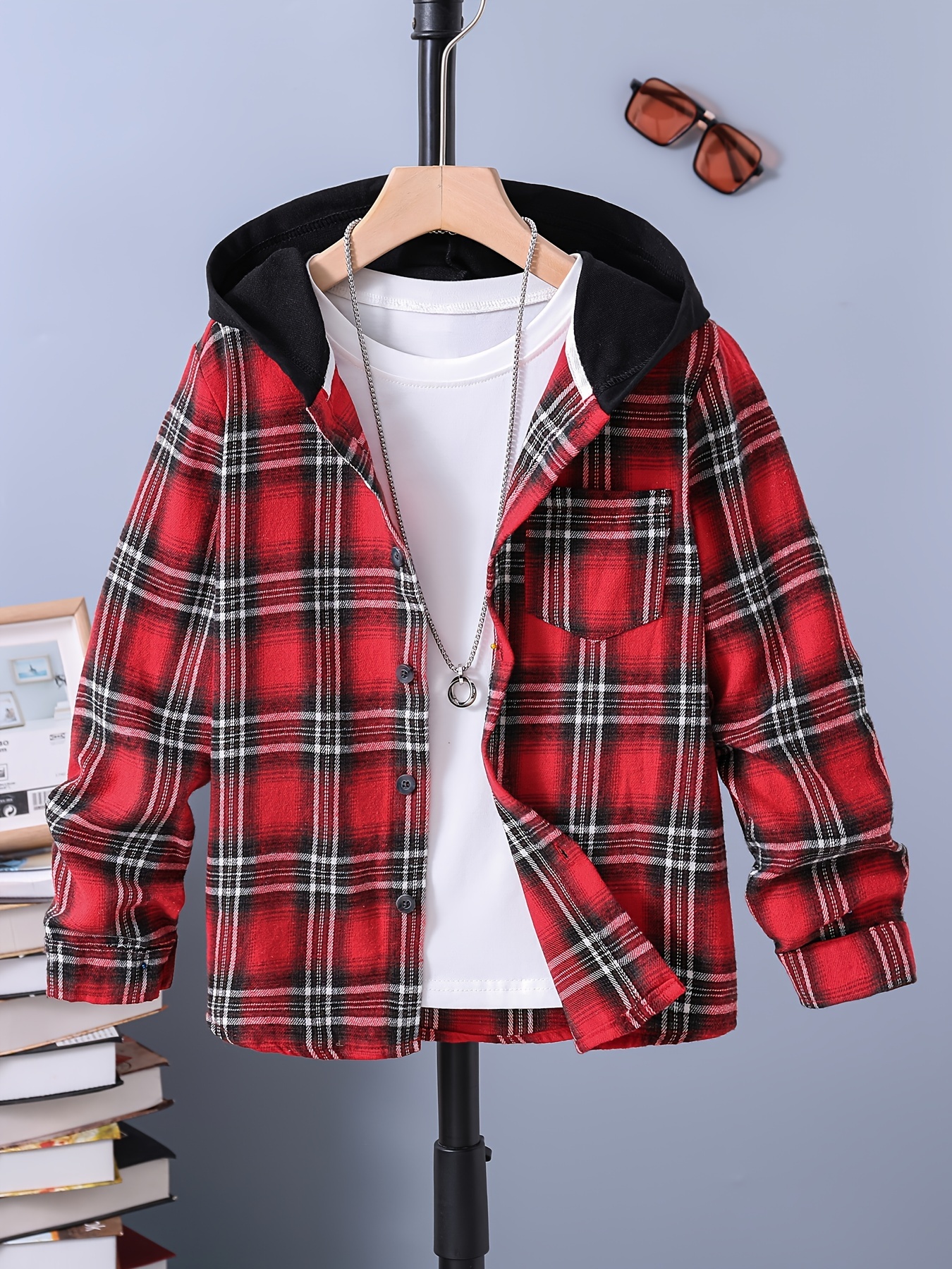 Kids Boys Plaid Hooded Shirts Long Sleeve Button Down Hoodie, Pullover Tops Spring Fall Outwear Shirts Jacket Clothes