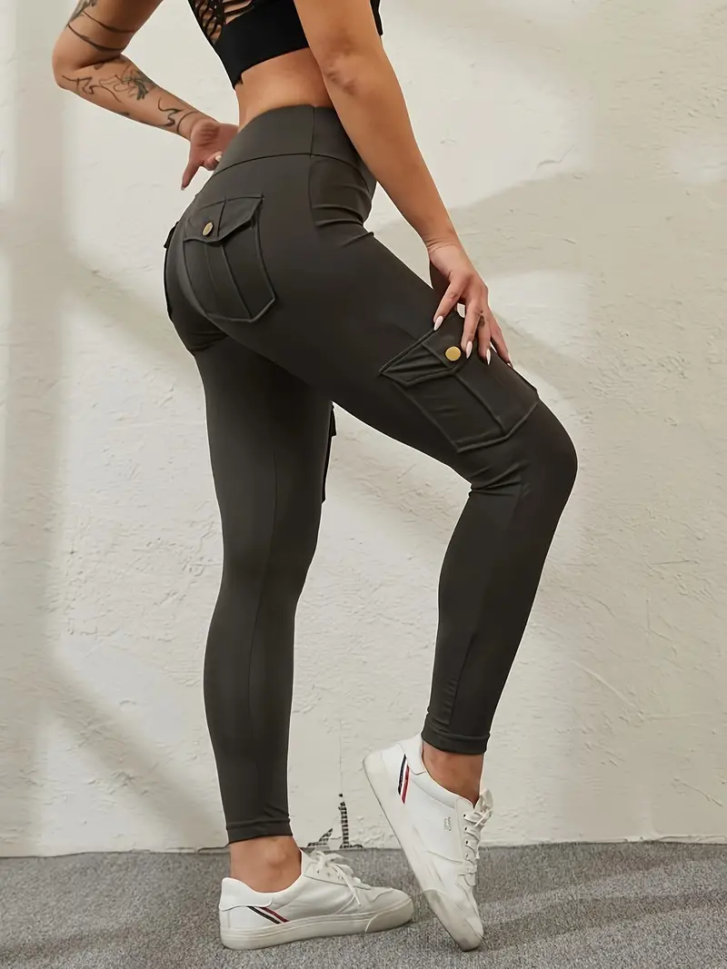 Solid Color Pockets High Waist Sports Tight Pants Quick - Temu