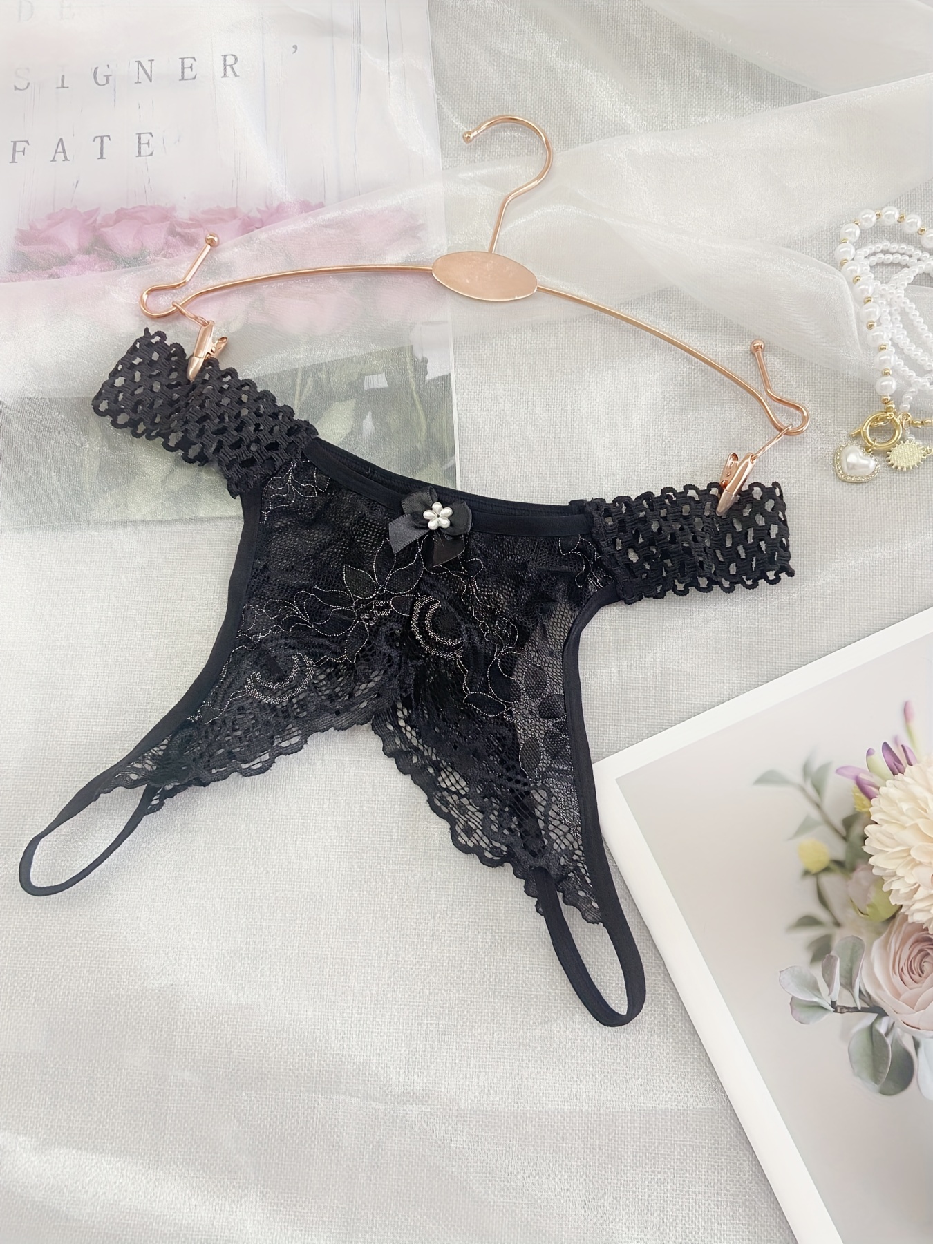Fishnet Stitching Floral Lace Thongs See Open Crotch Mesh - Temu