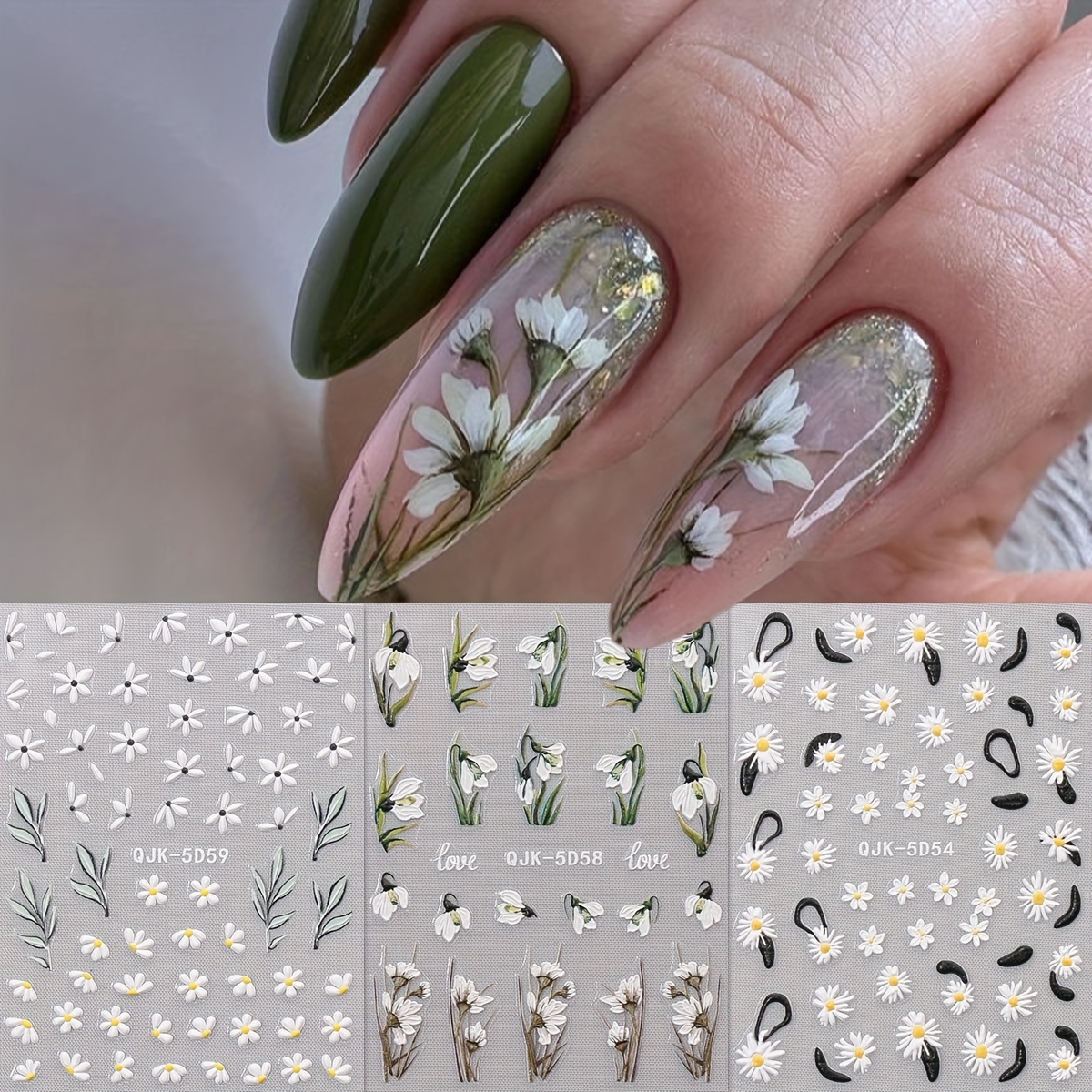 

3 Sheets 5d Embossed Nail Art Sticker Spring Flowers Nail Design Sticker Cute White Five-petal Flower Fresh Little Daisy Acrylic Nails Design Manicure Decorations Easter