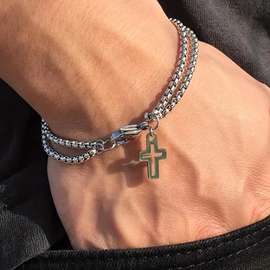 1pc hollow double chain cross titanium steel mens bracelet double layer cool hand jewelry