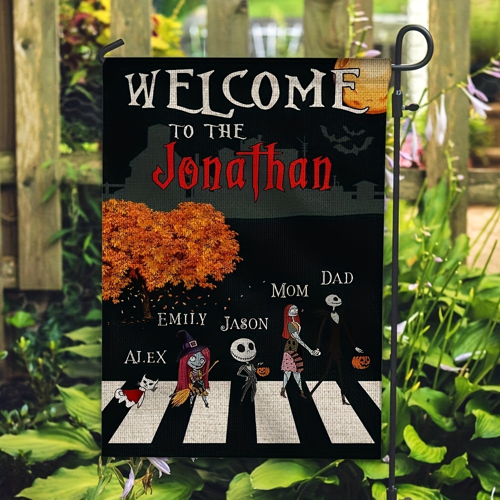 1pc 12x18 Inch Welcome To Our Nightmare Family Horror D￩cor Halloween Flag Sign Vertical Jack Sally Garden Flag House Flag For Yard Farmhouse Outdoor No Metal Brace details 5
