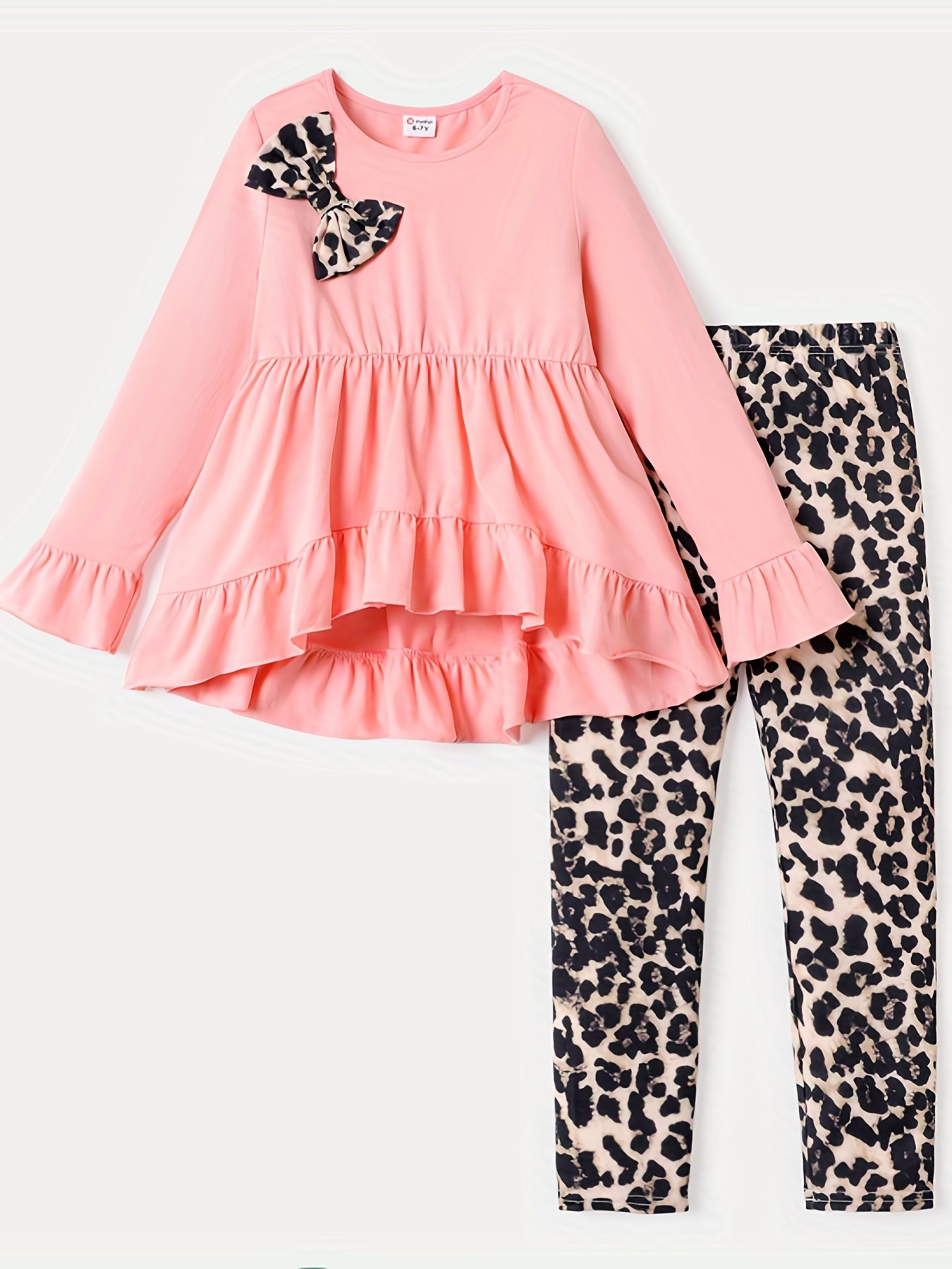 2pcs Toddler Girl Letter Heart Print Ruffled Long-sleeve Tee and Leopard Print Flared Pants Set