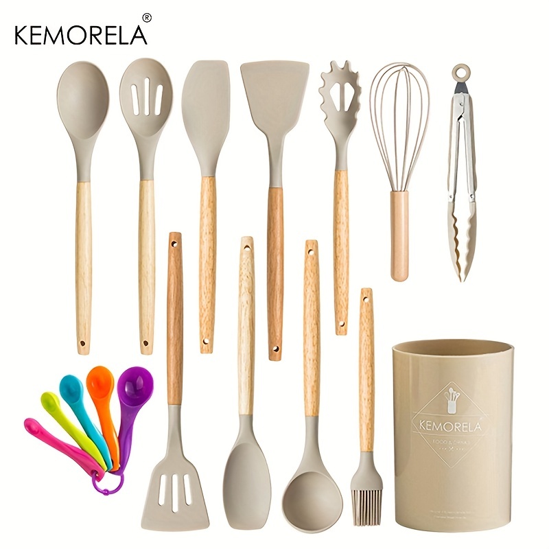 12pcs, Silicone Utensil Set, Khaki Kitchen Utensil Set With Wooden Handle,  Safety Cooking Utensils Set, Non-Stick Kitchen Tools Set, Washable Modern  Cookware, Kitchen Stuff, Kitchen Gadgets, School Supplies, Back To School,  Dorm