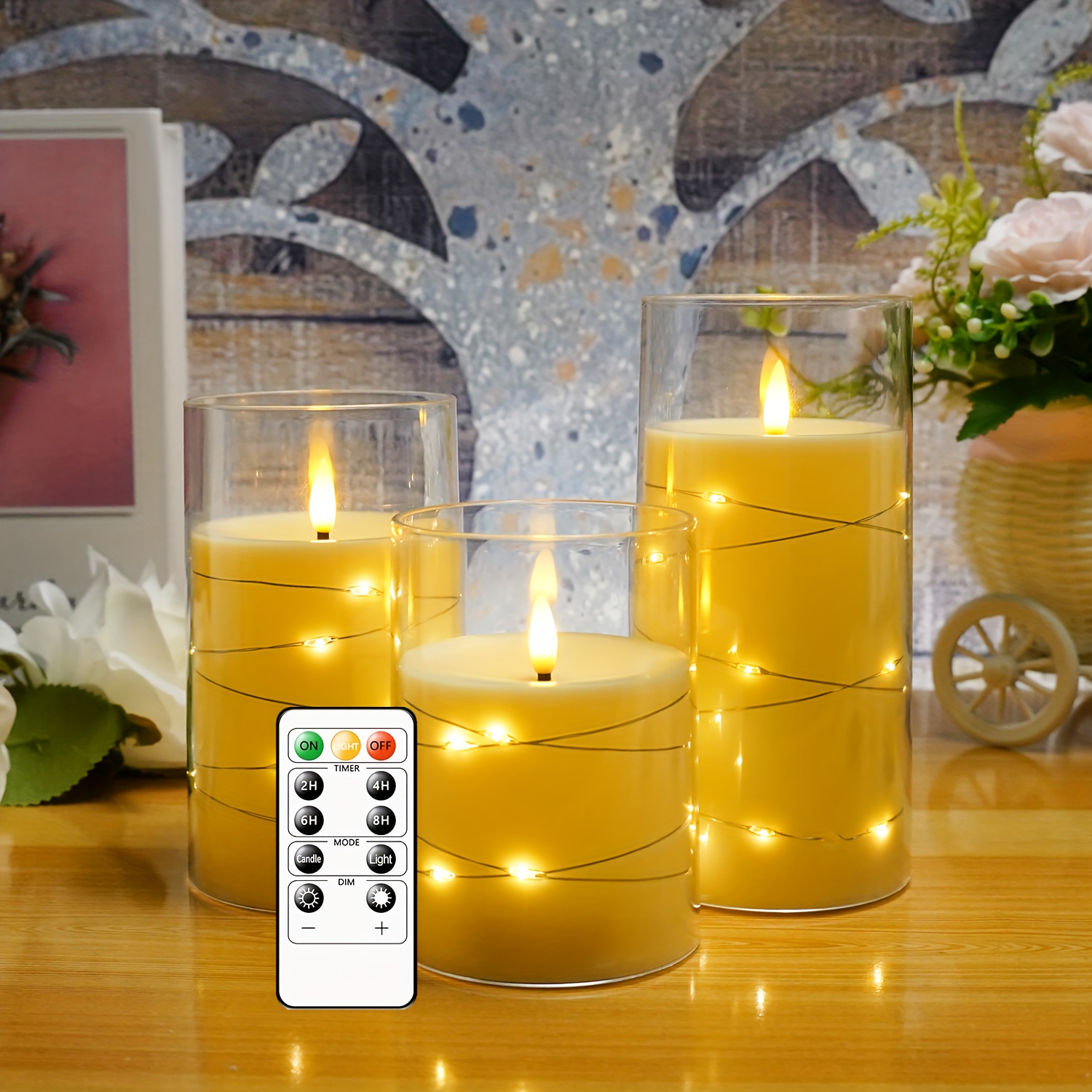 3 Packs Flickering Flameless Candles, Built-in Star String Light  Unbreakable 3D Wick Glass Battery Powered LED Pillar Candle - Acrylic  Battery Candle, Remote Control And Timer For Christmas Halloween