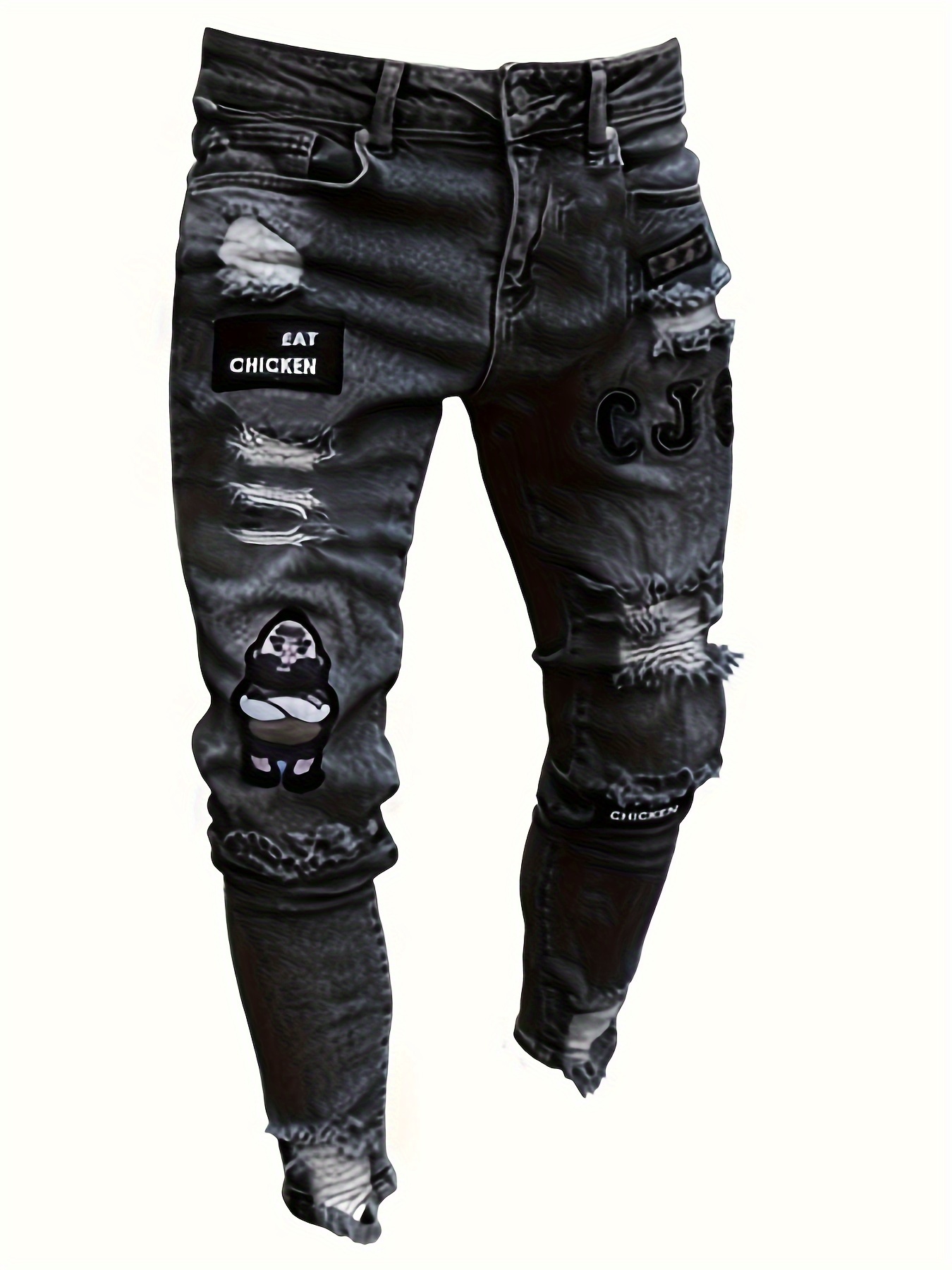 Zipper Decoration Slim Fit Ripped Biker Jeans Men's Casual - Temu