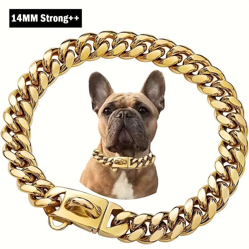 Aiyidi Gold Dog Chain Collar Stainless Steel with Zirconia Lock Luxury Dog  Necklace 14MM Heavy Duty Cuban Chain Collar for Small Medium Large Dogs