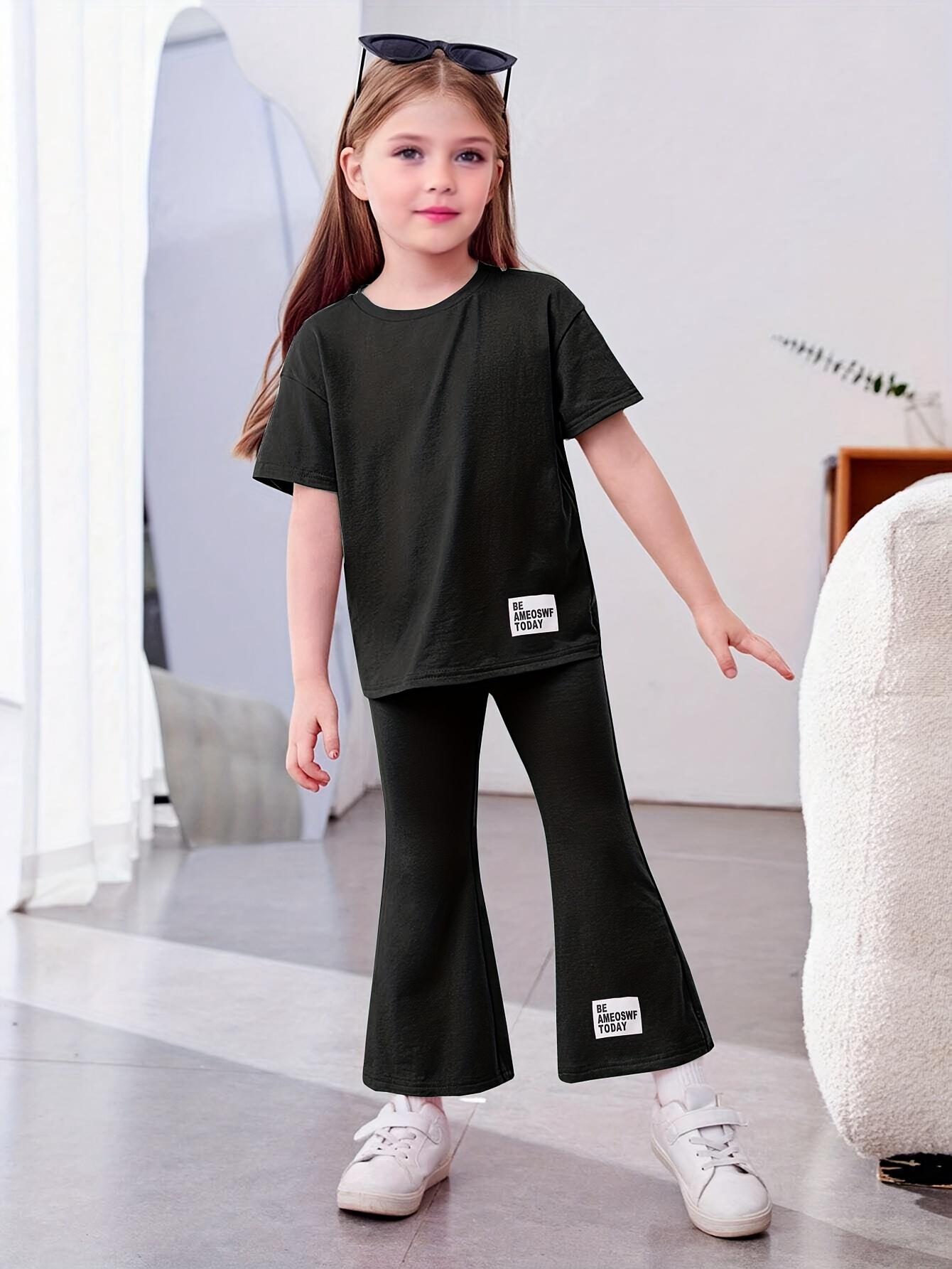 Girl's T shirt Flared Pants Set Awesome Today Patched Short - Temu