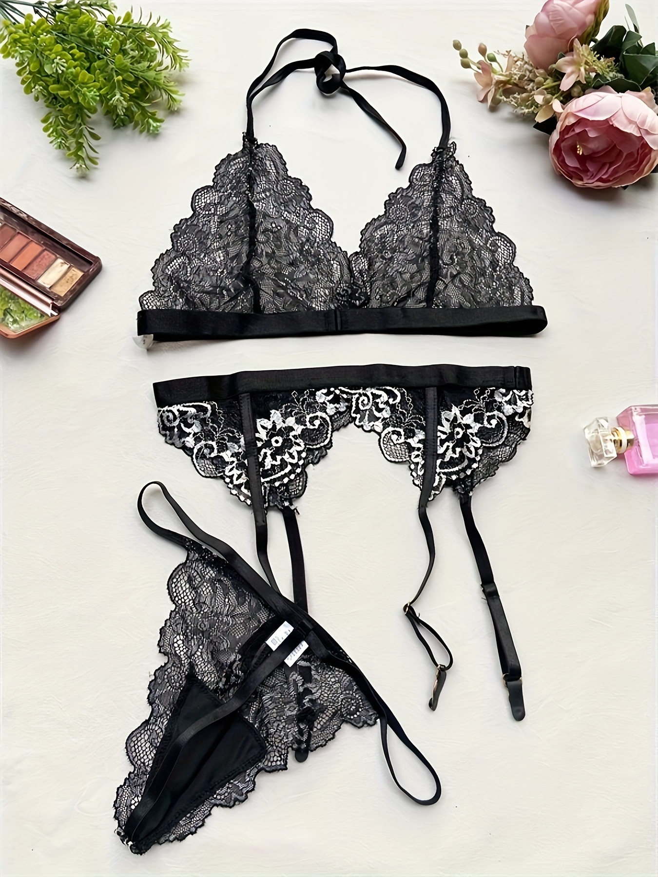 Floral Embroidery Semi Sheer Lingerie Set Halter - Temu