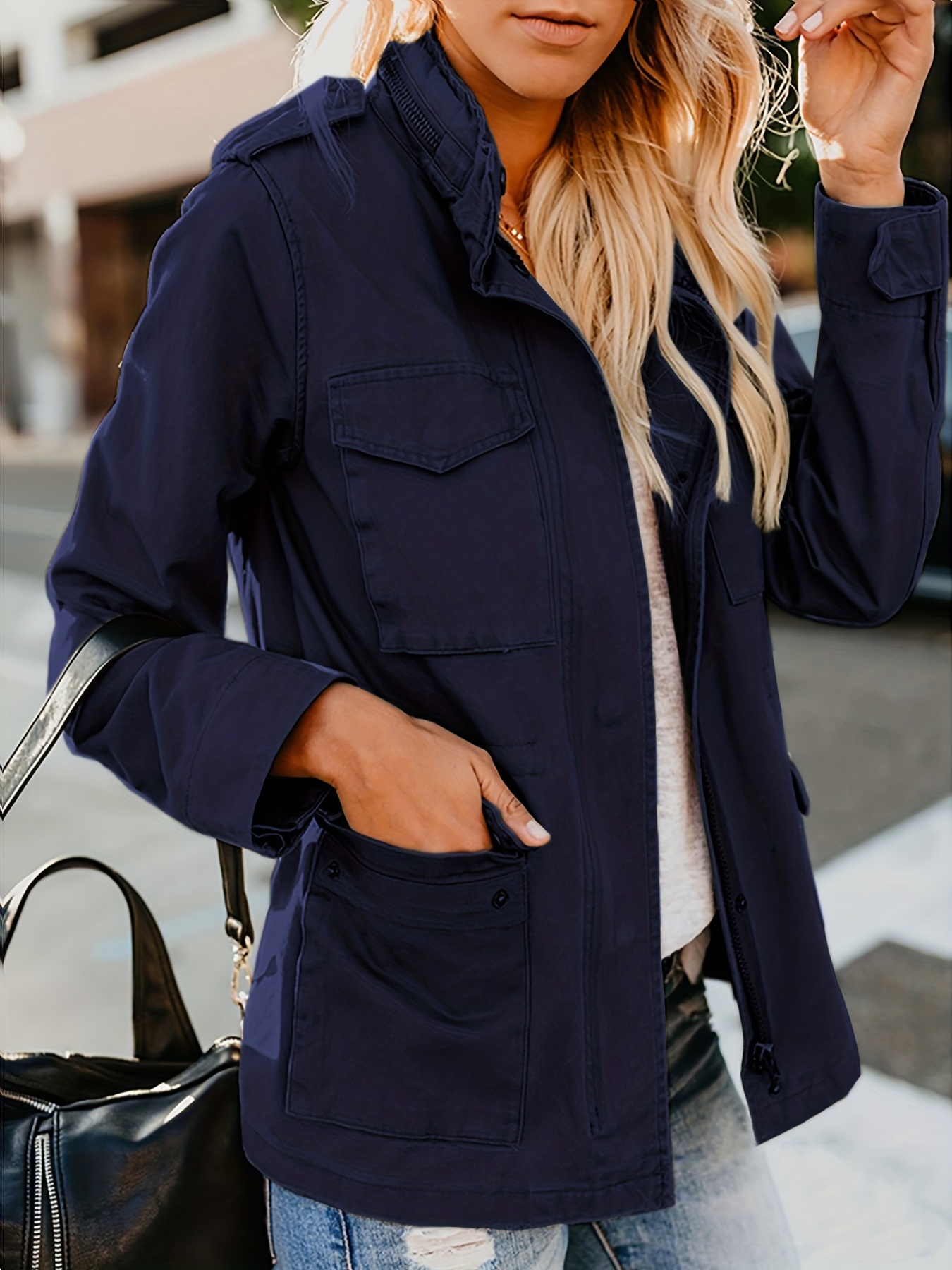 Navy blue shop cargo jacket womens